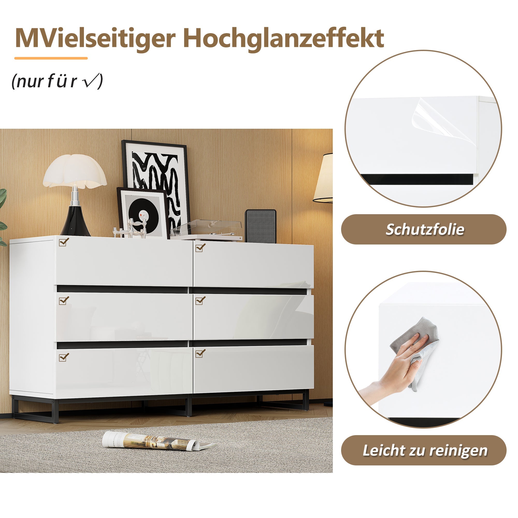 Logidon dressoir 140 cm hoogglans wit zwart met 6 lades