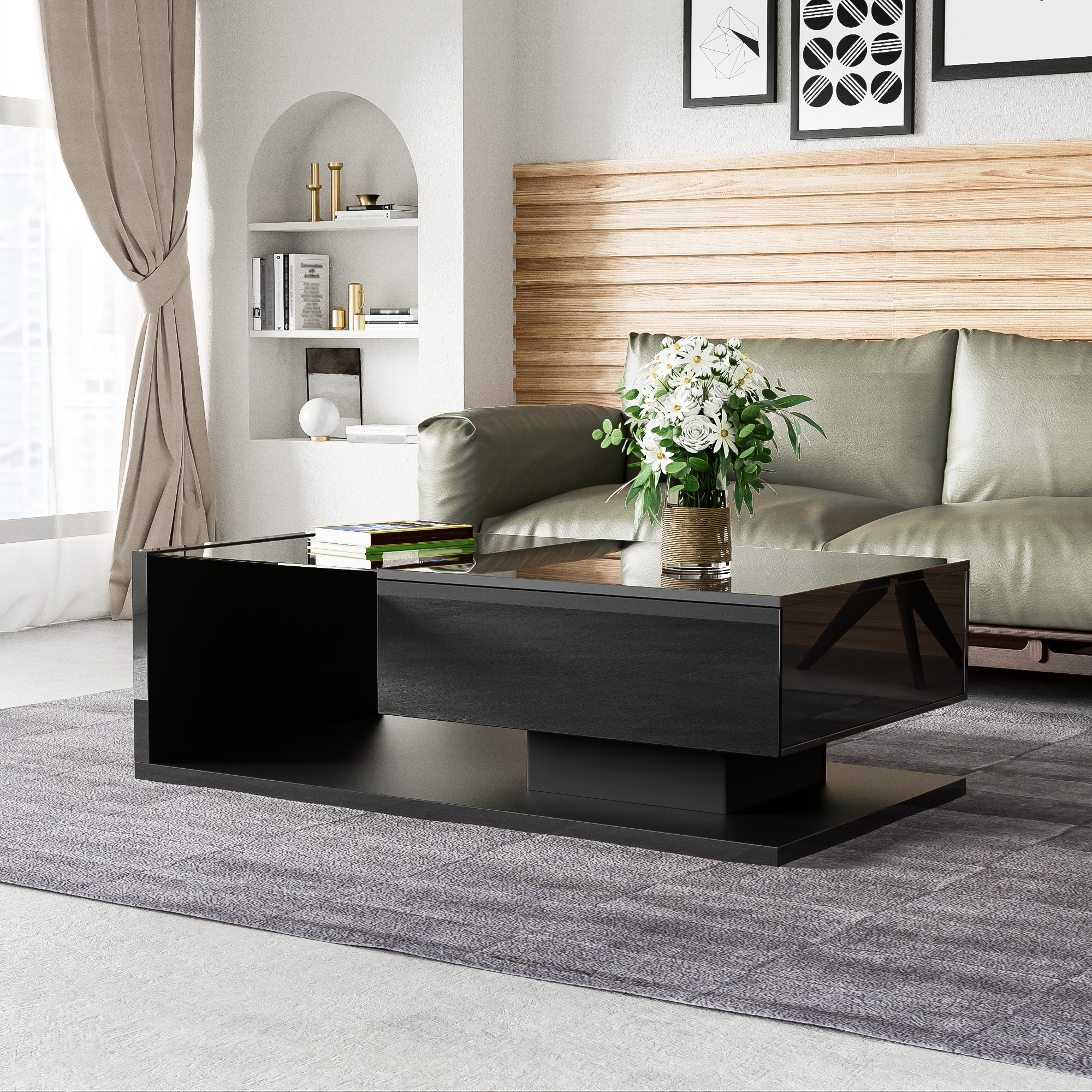 Logidon salontafel hoogglans zwart met glas en LED effect 105 cm