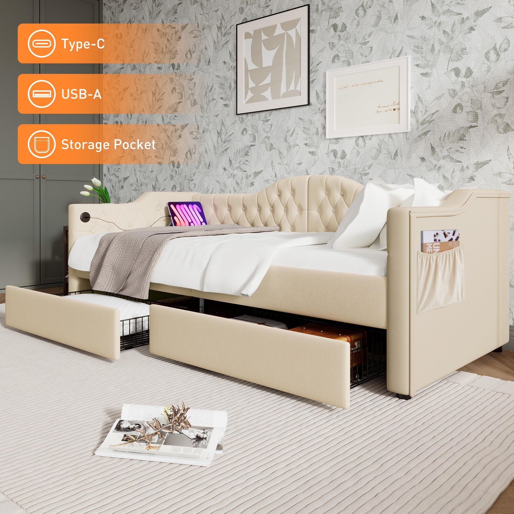 Logidon gestoffeerde slaapbank 90x200 beige USB-oplaadfunctie 2 compartimenten