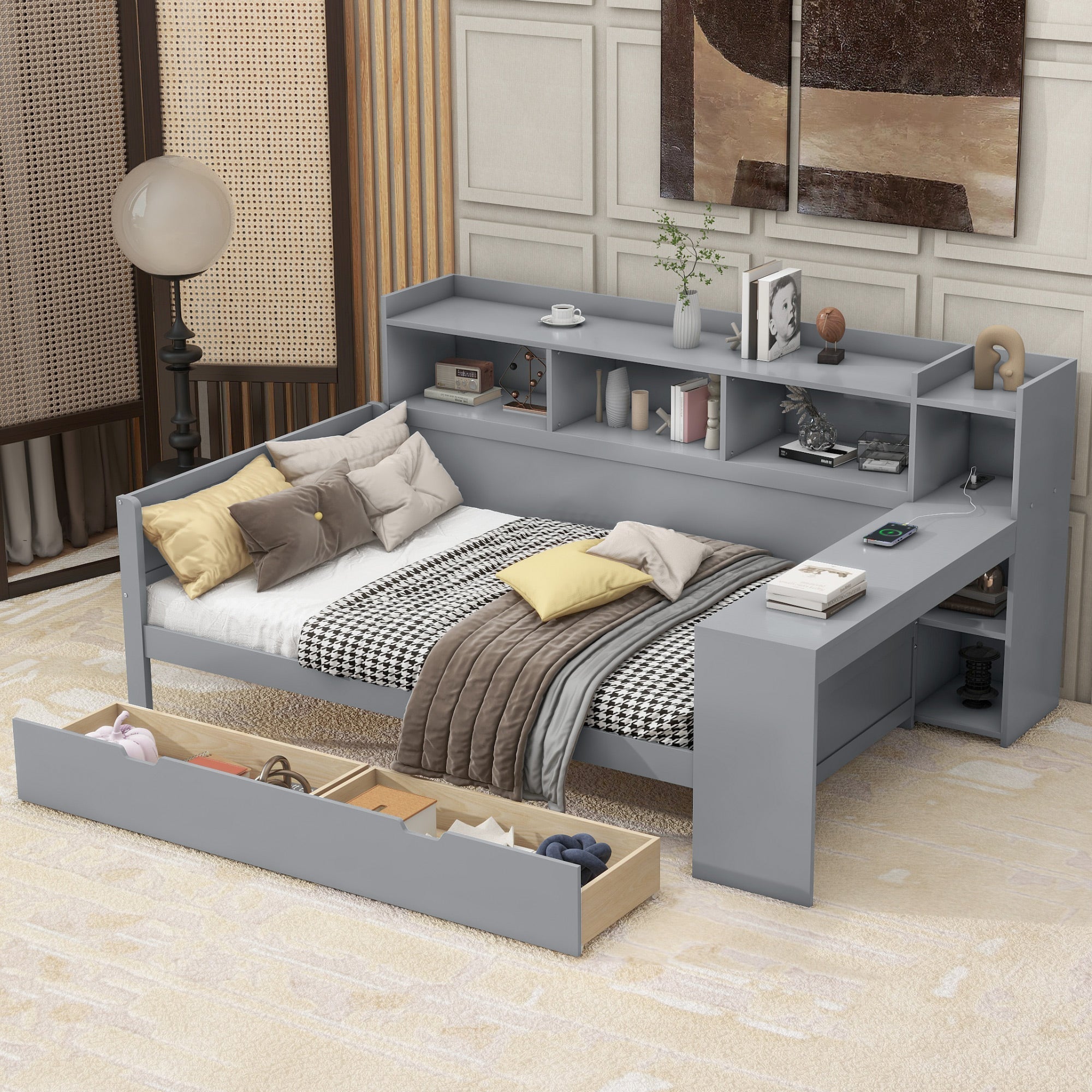 Logidon sofa bed 90x200 gray USB port 2 drawers