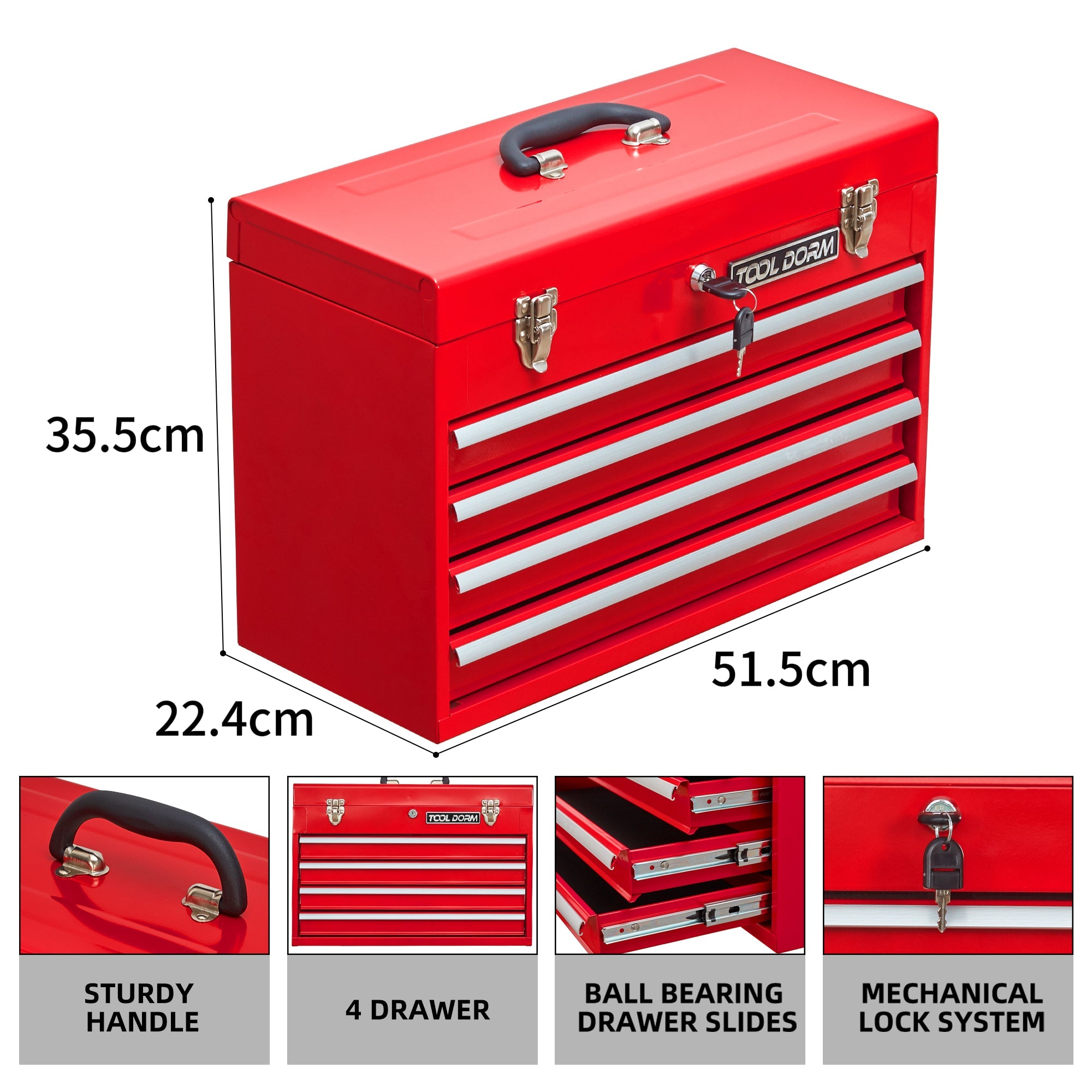 Logidon metal tool box red, 4 drawers, protective padding, lock