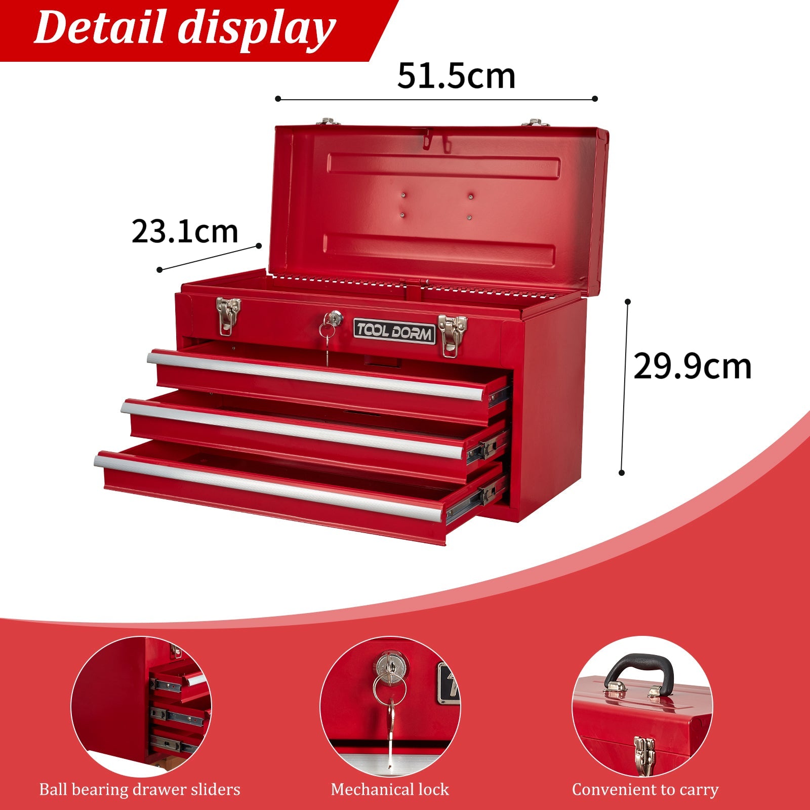 Logidon Metalen Gereedschapskist 20,3 Inch Met 3 Laden Rood