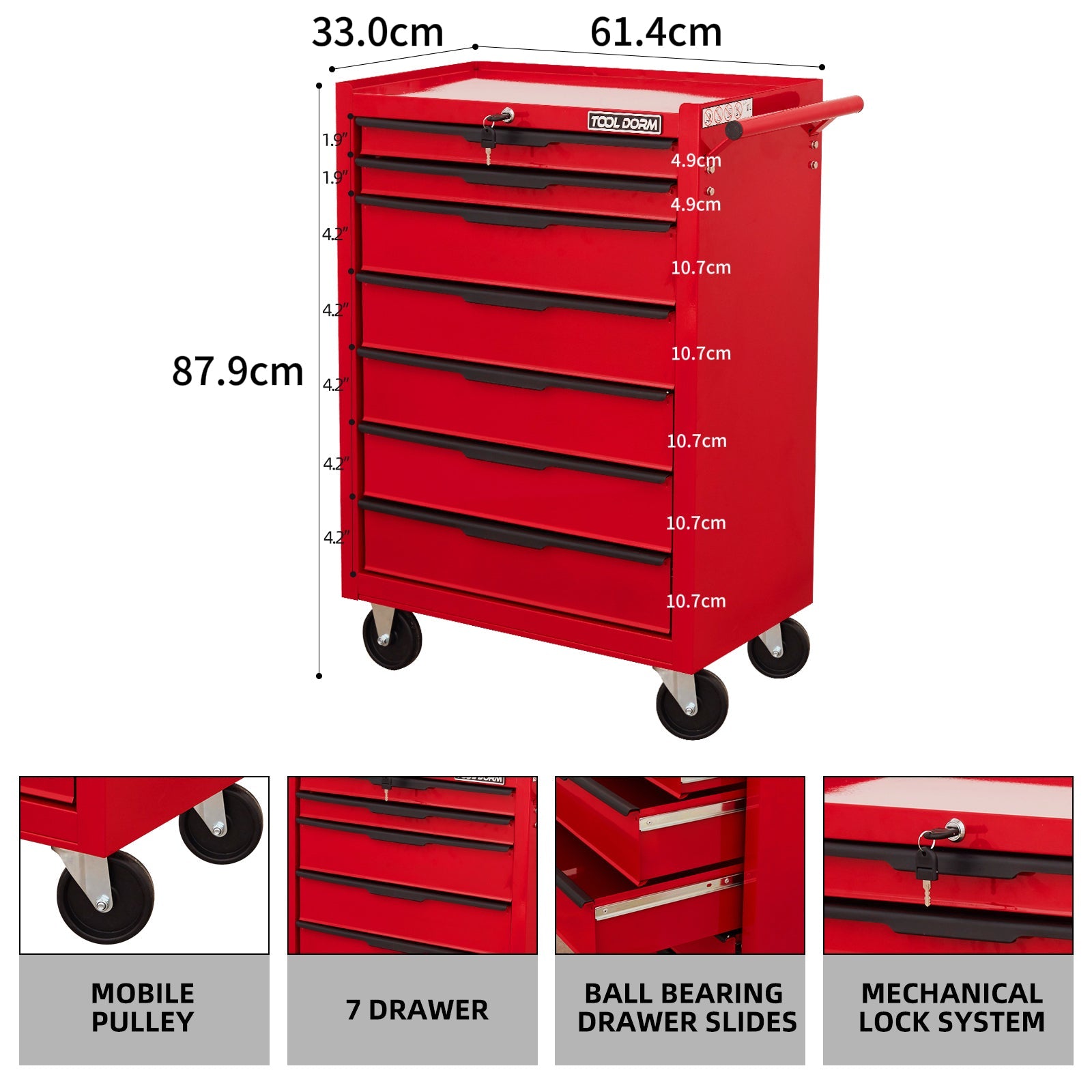 Logidon gereedschapswagen 7 laden, wielen, rood, lengte 615 millimeter