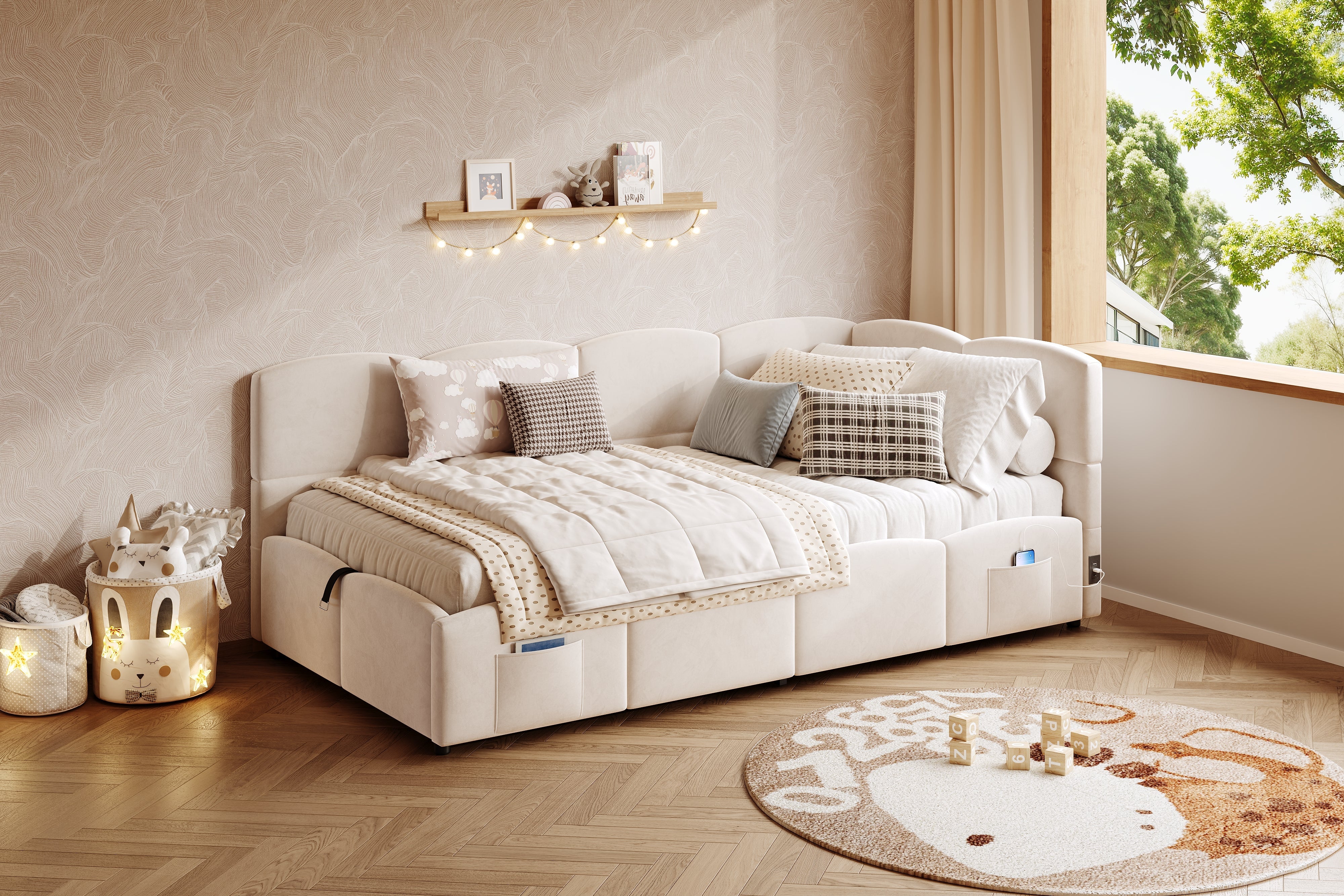Logidon gestoffeerd bed 90x200 beige fluweel met opbergruimte