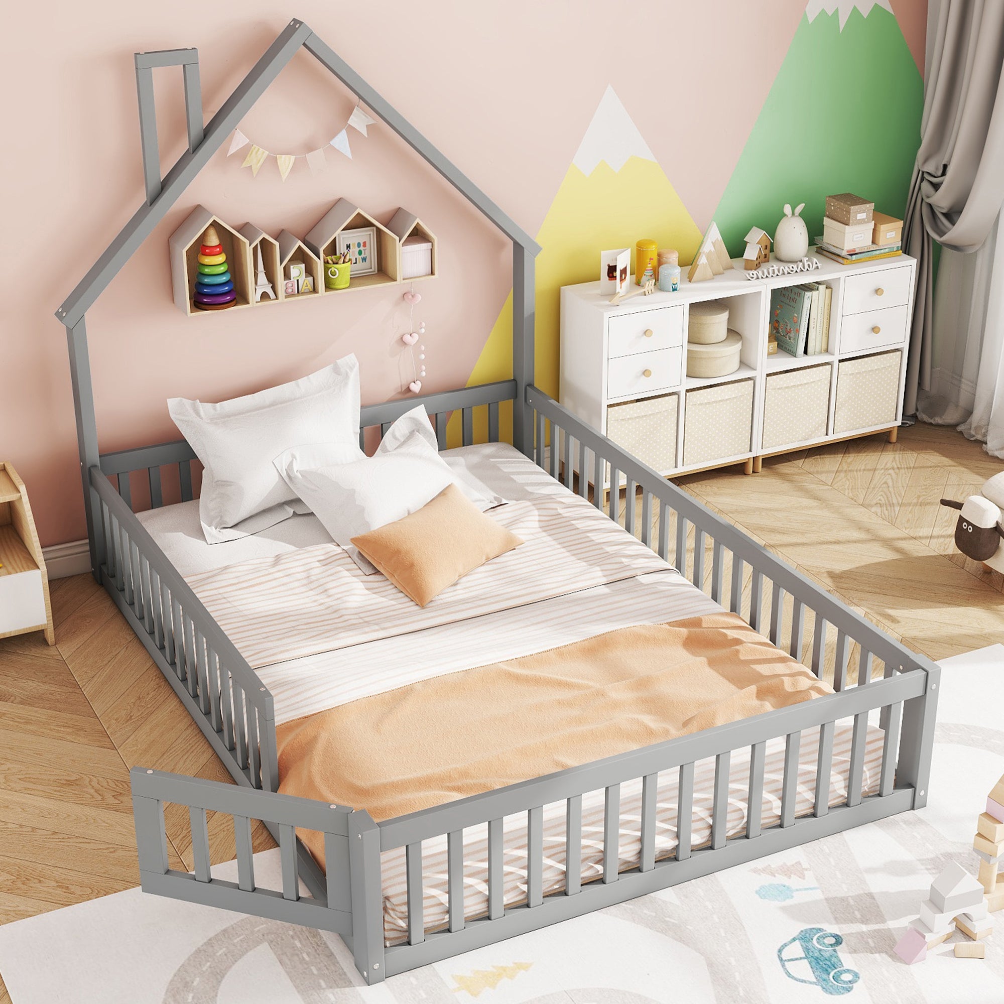 Logidon gestoffeerd bed 140x200 grijs kinderbed in schouwvorm