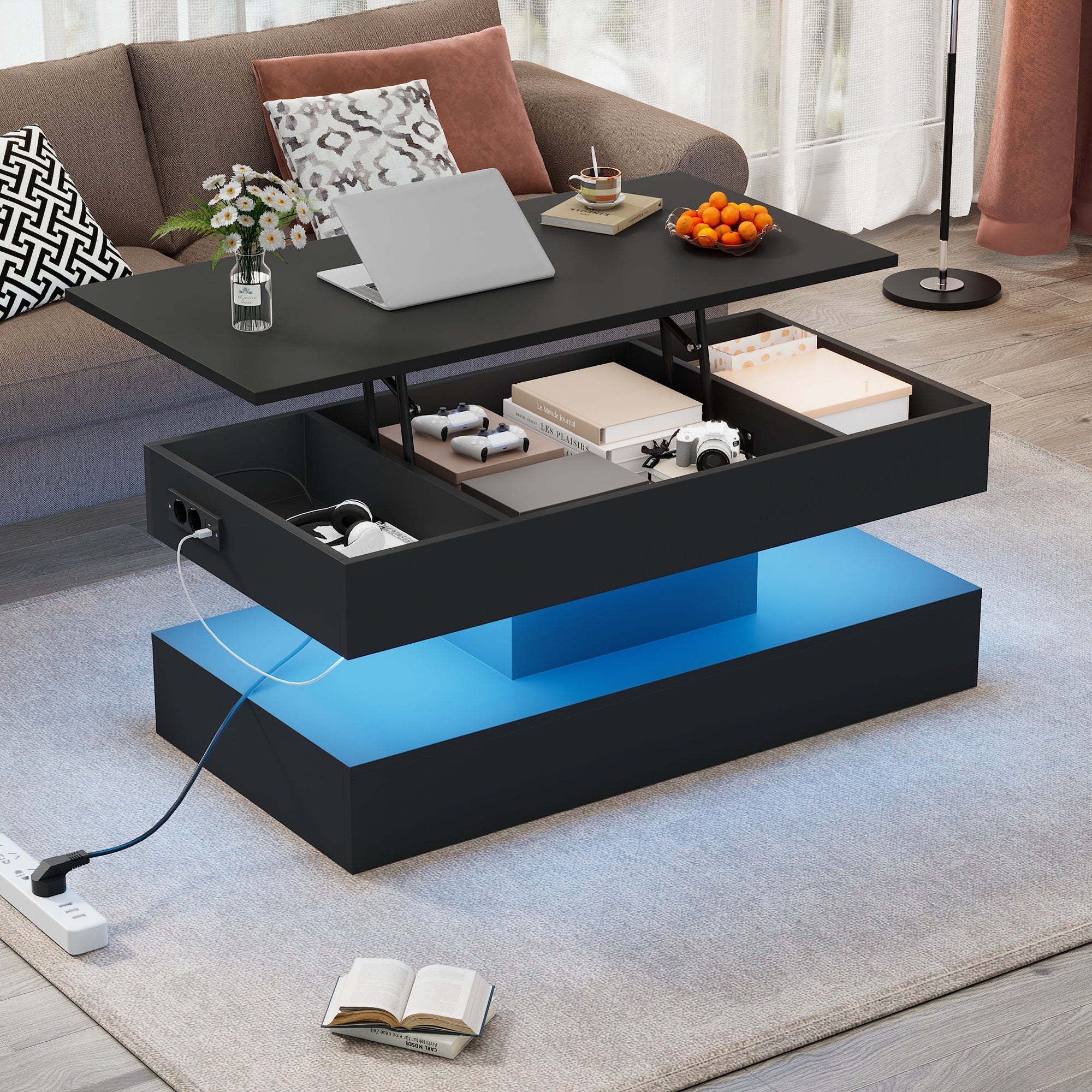 Logidon LED Salontafel met verborgen opbergruimte 100x50 cm Zwart