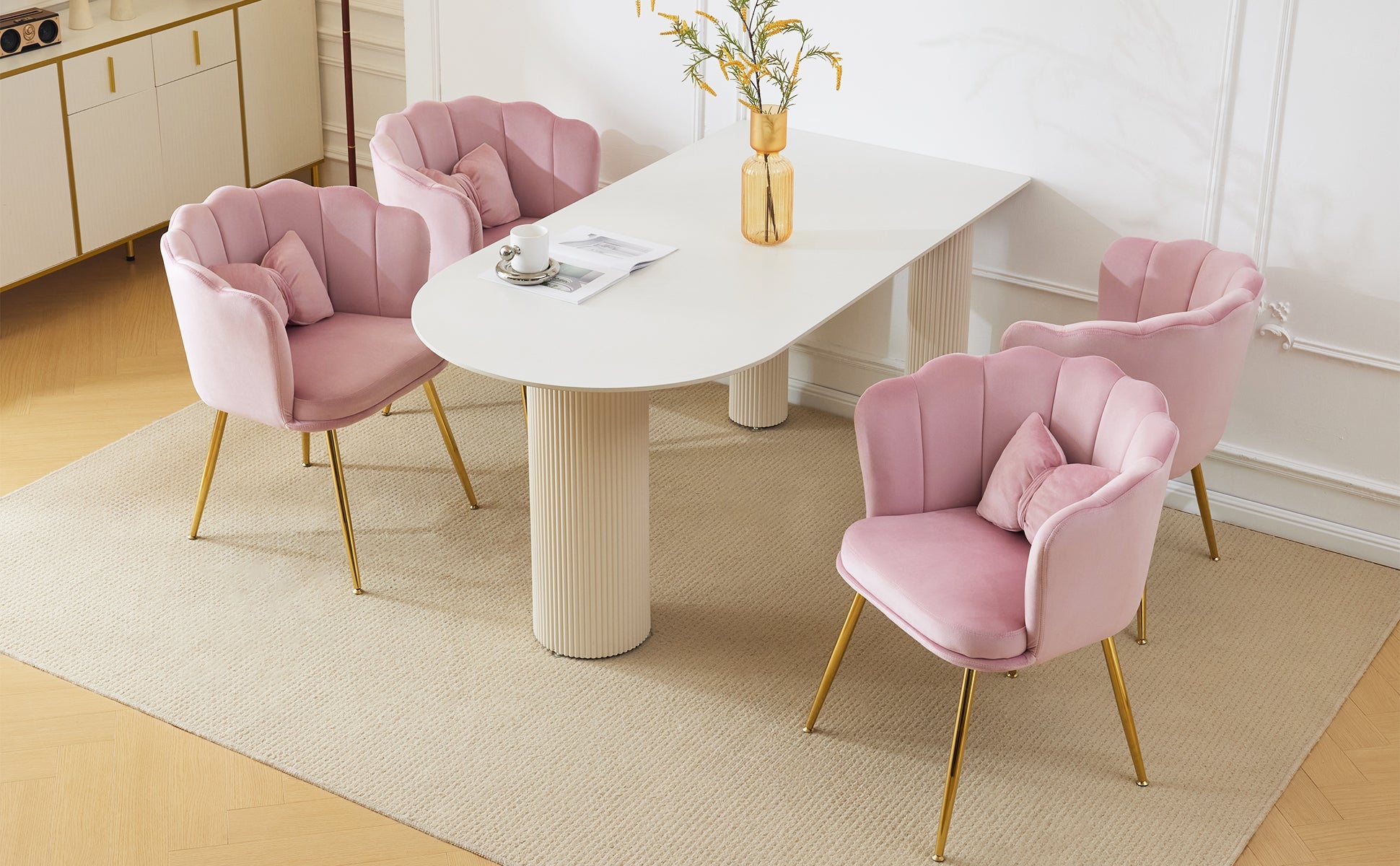 Logidon Set of 4 Pink Velvet Chairs with Petal Backs and Gold Legs