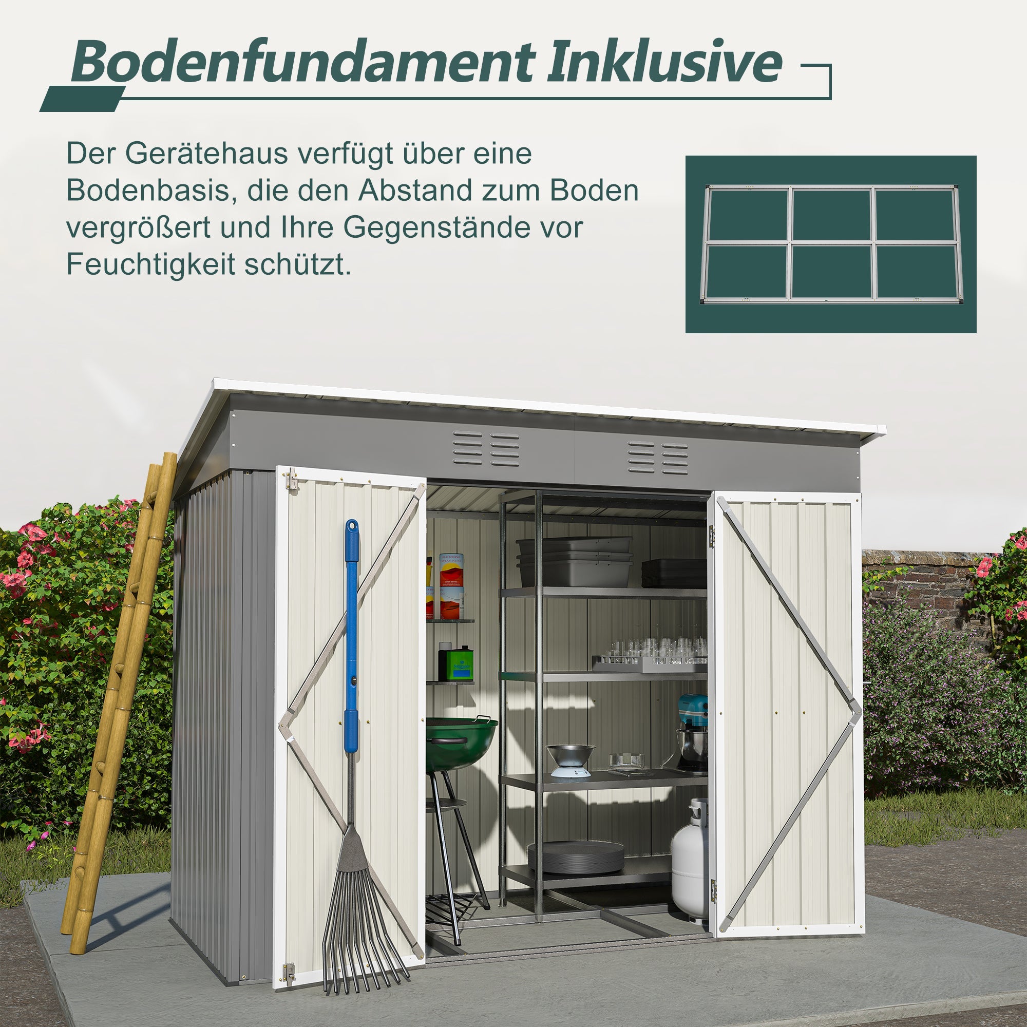 Logidon 8x4 Ft metalen gereedschapsschuur grijs met fundering weerbestendig