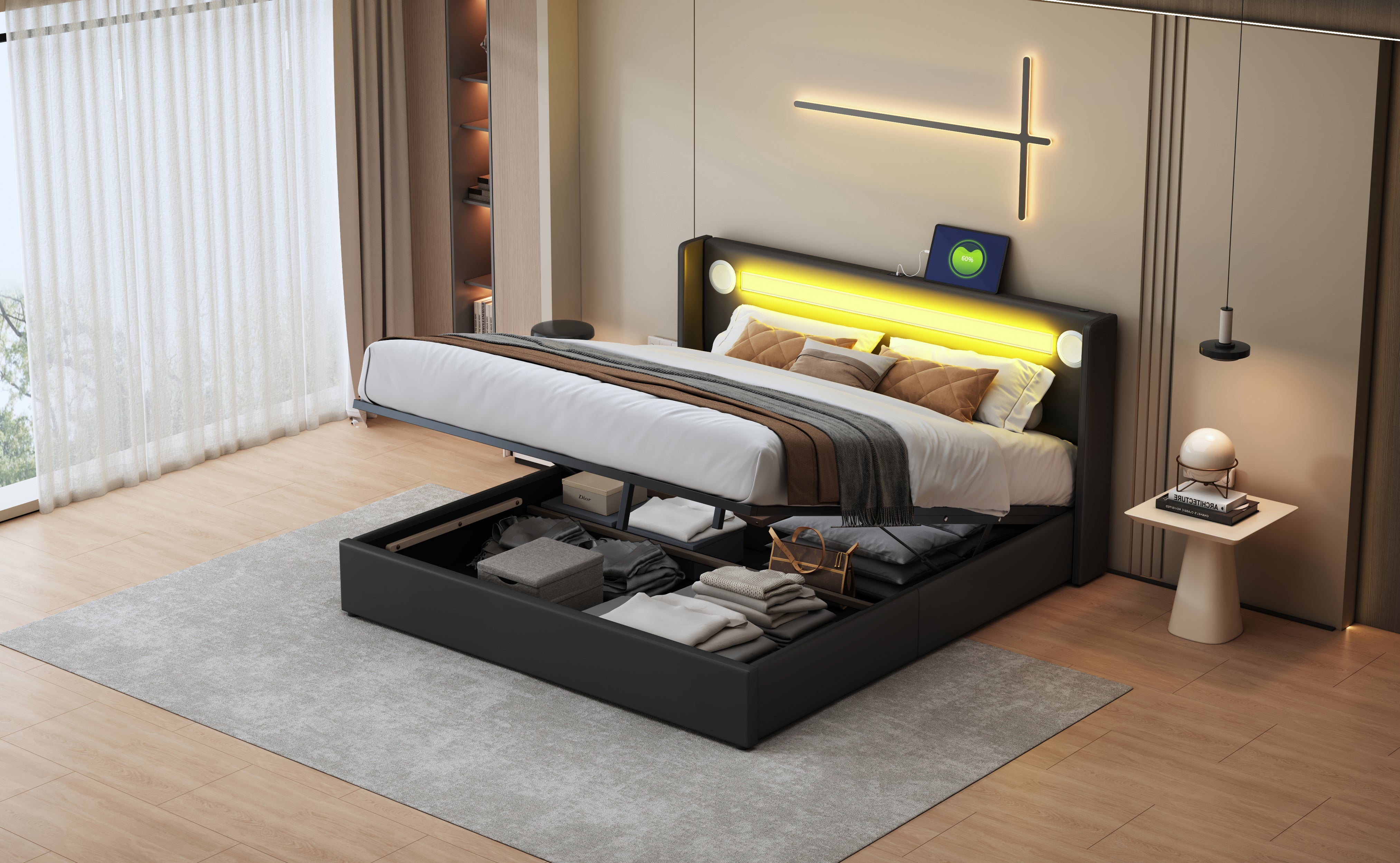 Logidon gestoffeerd bed 160x200 zwart met LED lichtstrip USB opladen