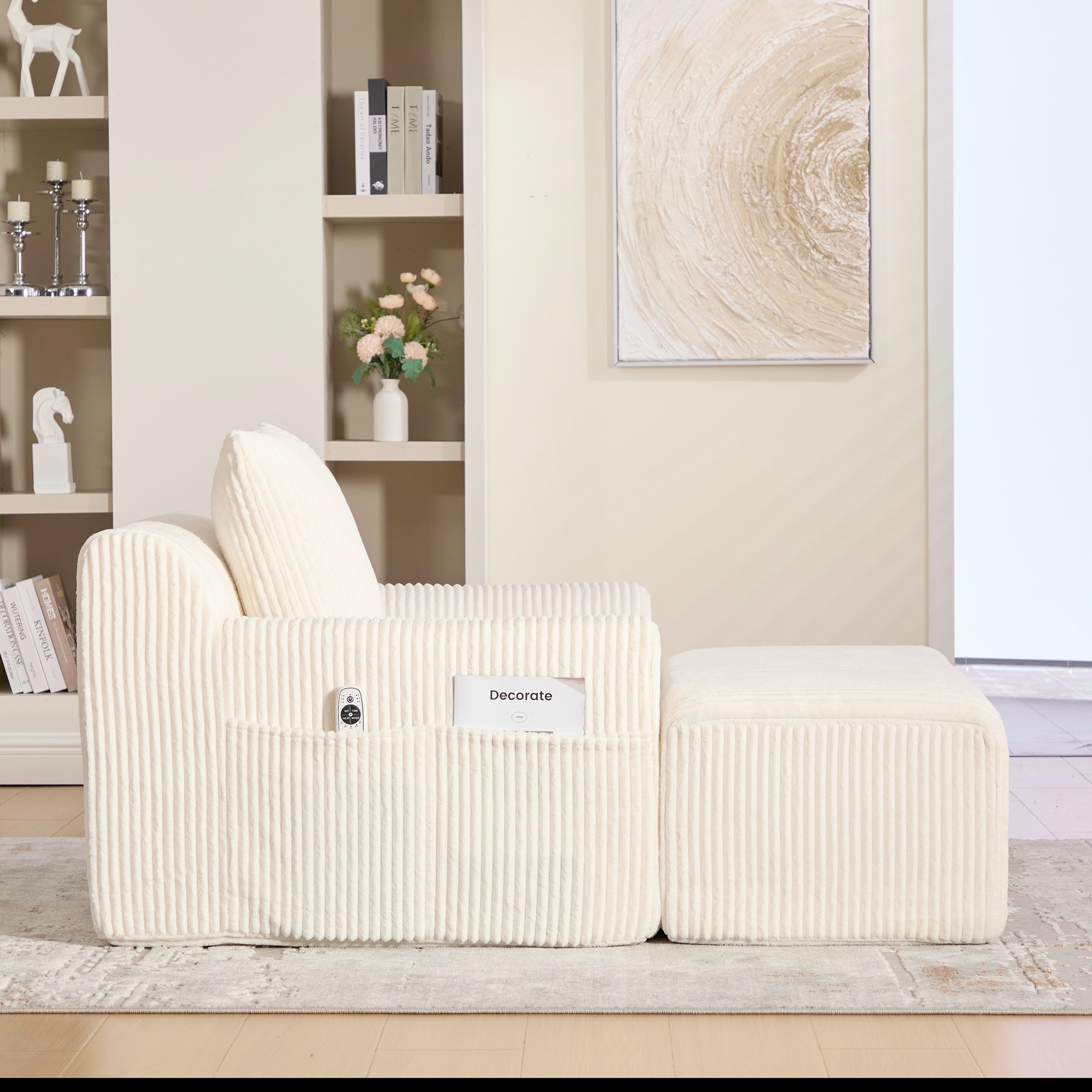 Logidon Oversized Corduroy Velvet Armchair Beige with Footstool and Cushion