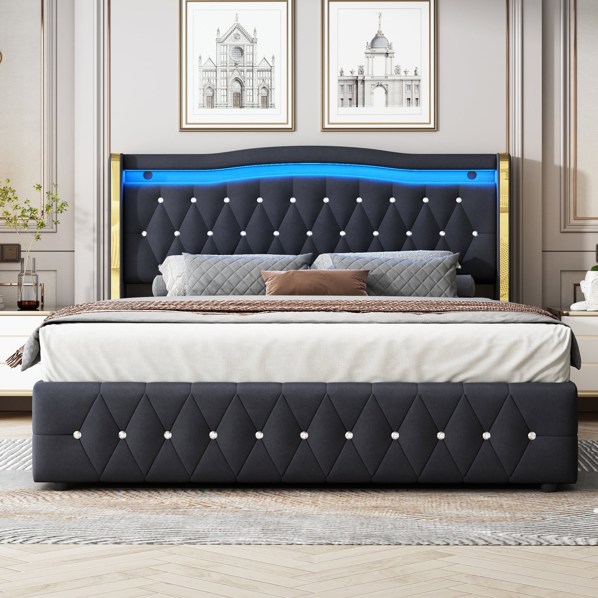 Logidon gestoffeerd bed 160x200 zwart fluweel stof met LED verlichting
