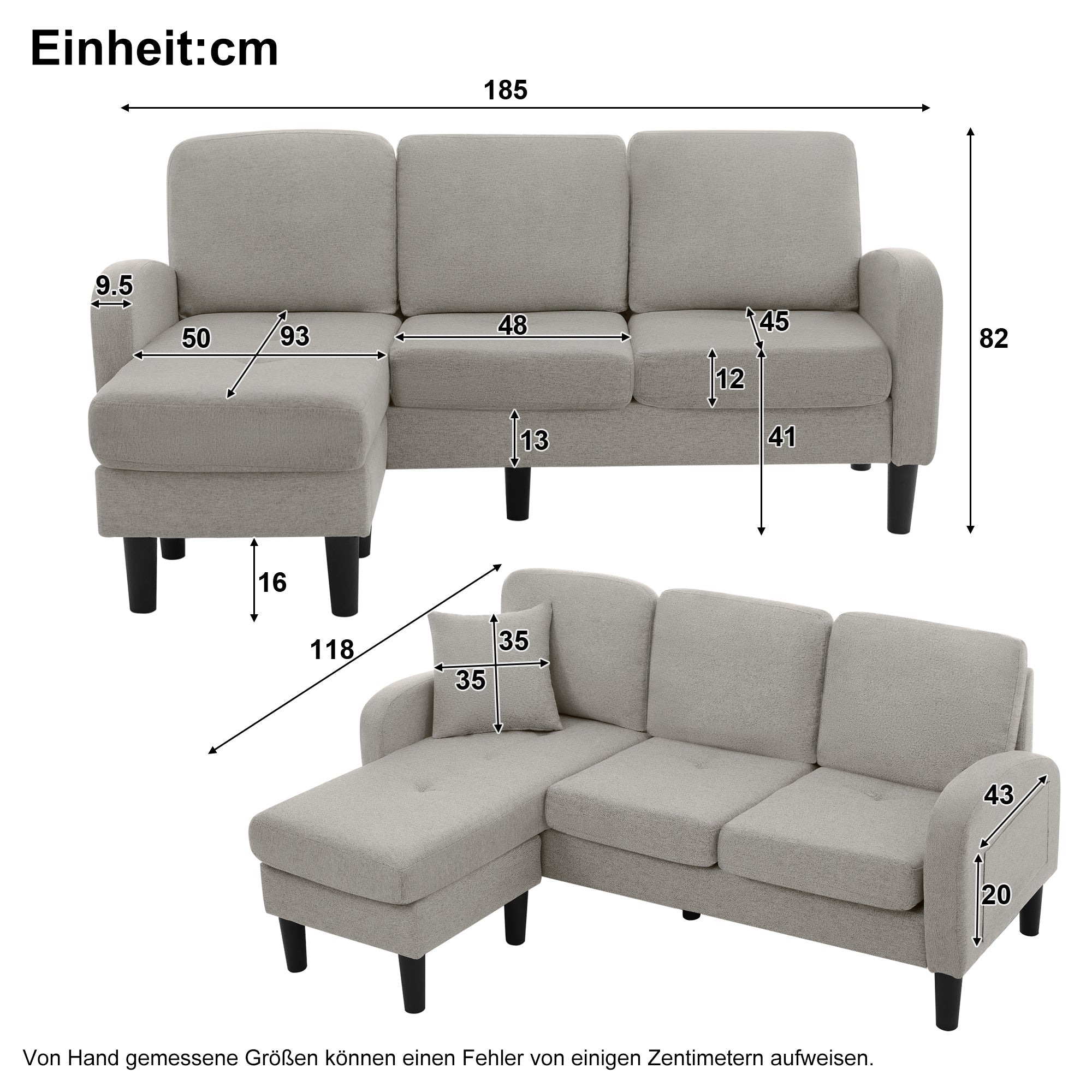 Logidon L-vormige hoekbank met chaise longue Grijs 185 x 118 cm
