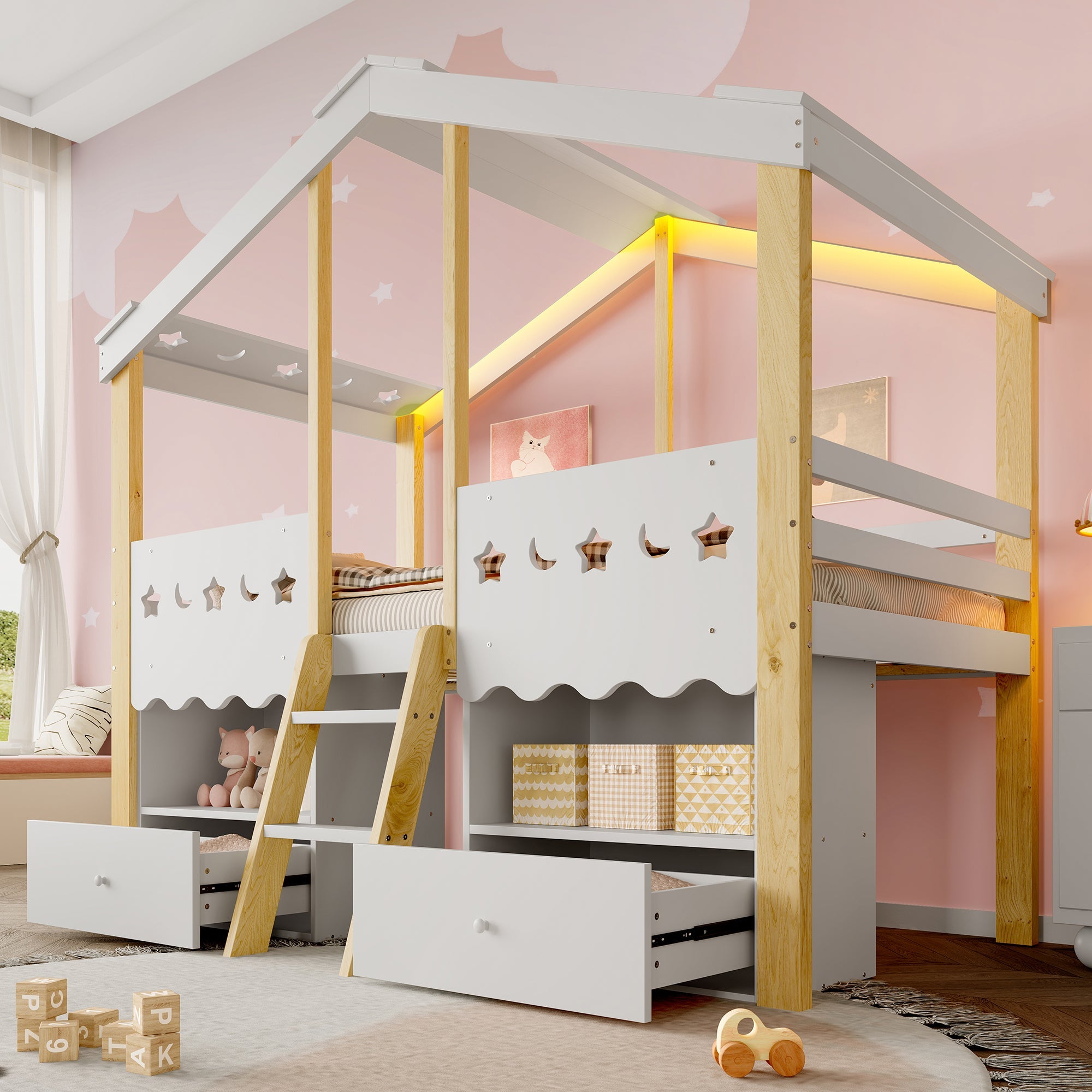 Logidon halfhoogslaper 90x200 huisvorm LED-lichtstrip 2 lades