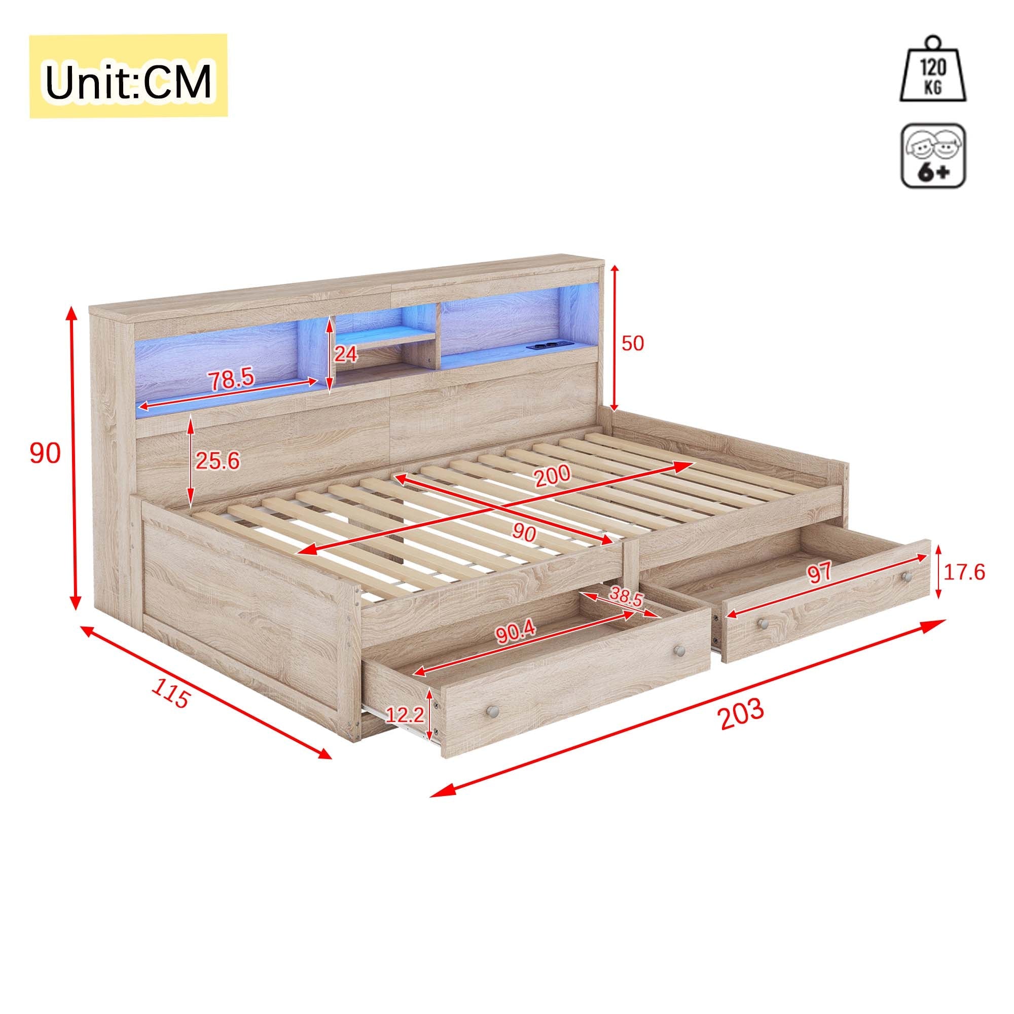 Logidon Daybed 90x200cm slaapbank met sfeerverlichting USB naturel