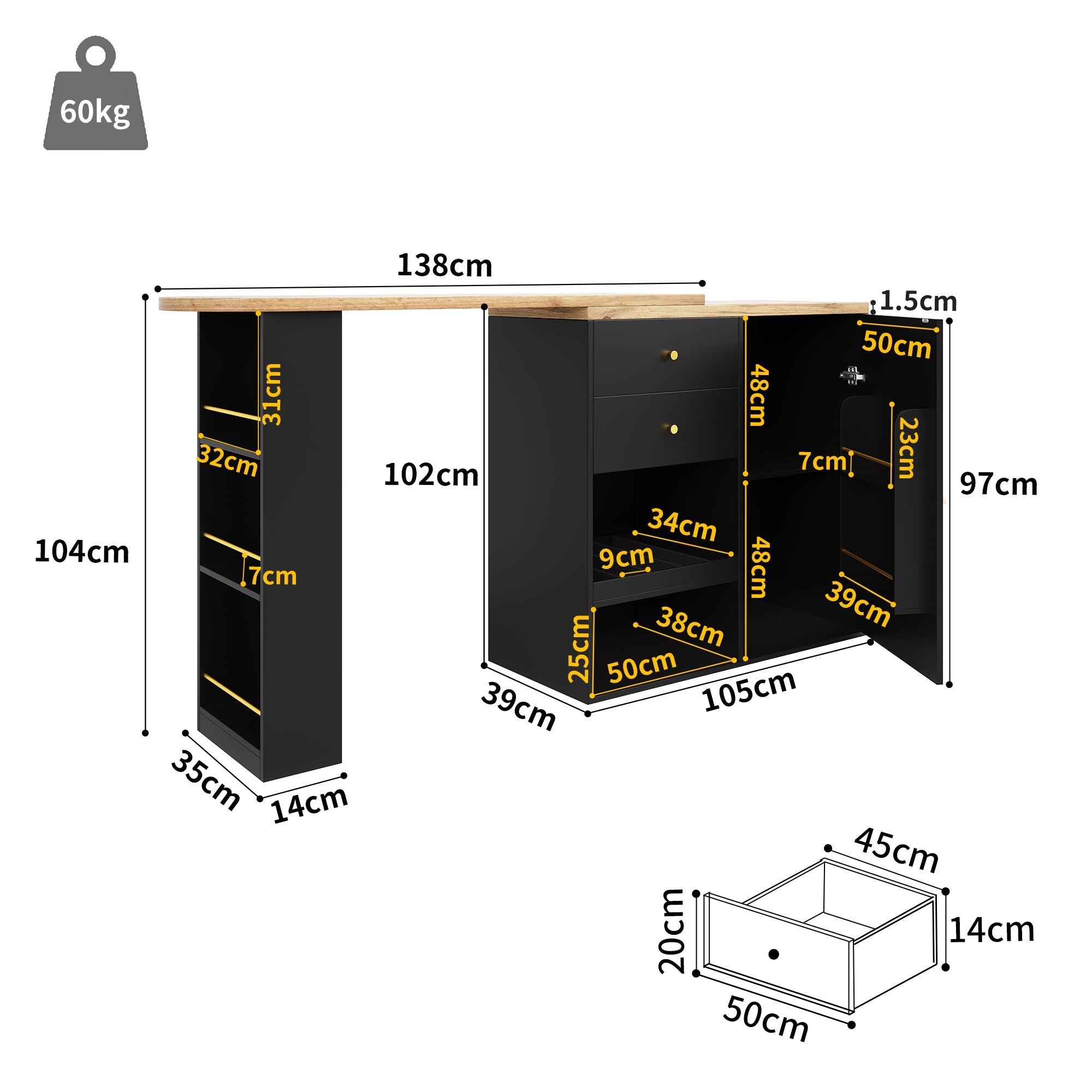 Logidon 360° draaibare bartafel 138 cm zwart met 2 lades