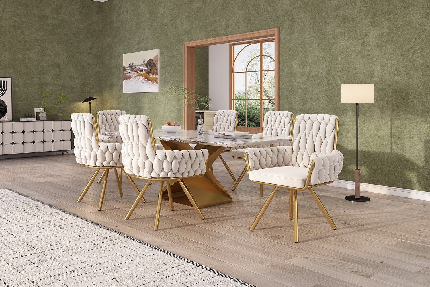 Logidon Luxe Velor Dining Table Chairs Set of 6 Beige Four-legged Swivel Chairs