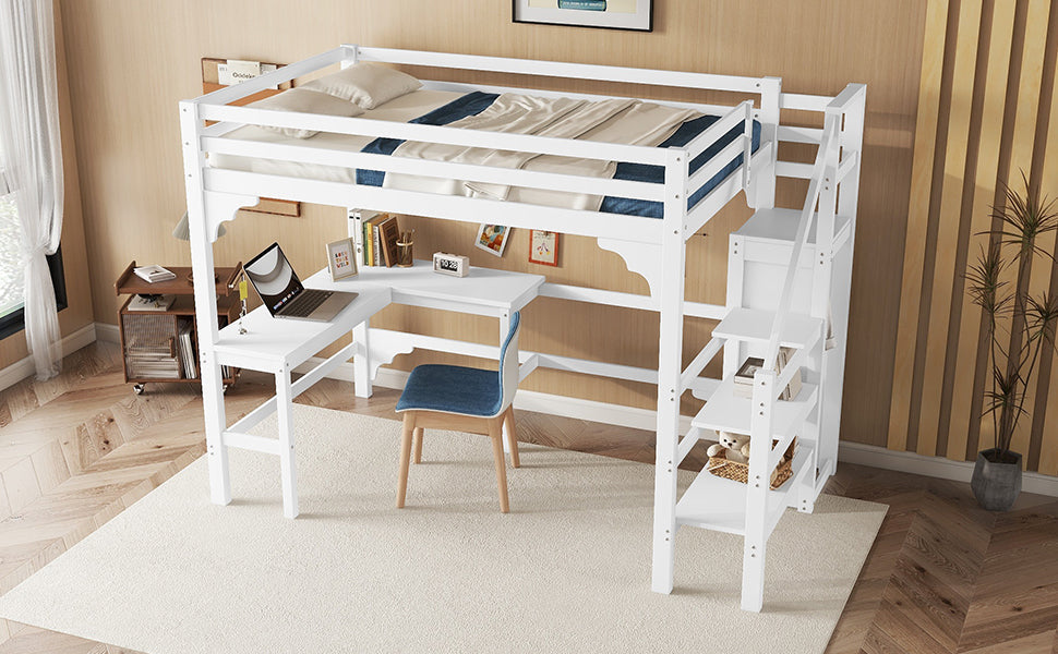 Logidon hoogslaper 140x200 cm wit met L-vormig bureau en opbergruimte