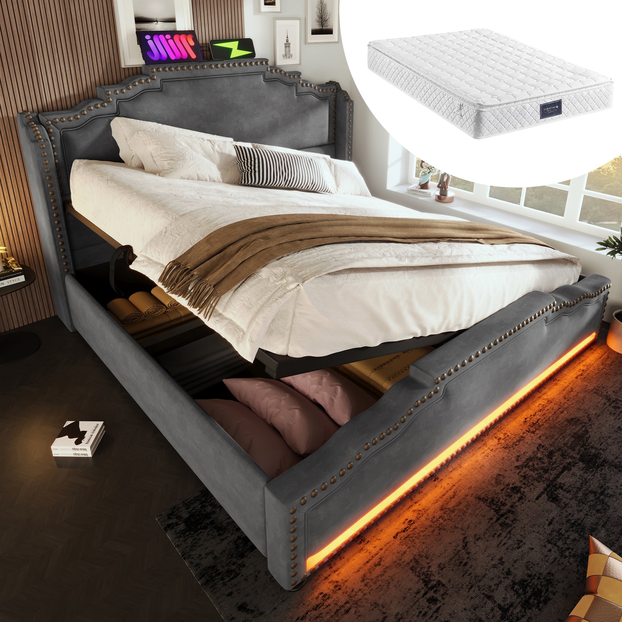 Logidon gestoffeerd bed 140x200 grijs LED-licht met hydraulische opbergruimte