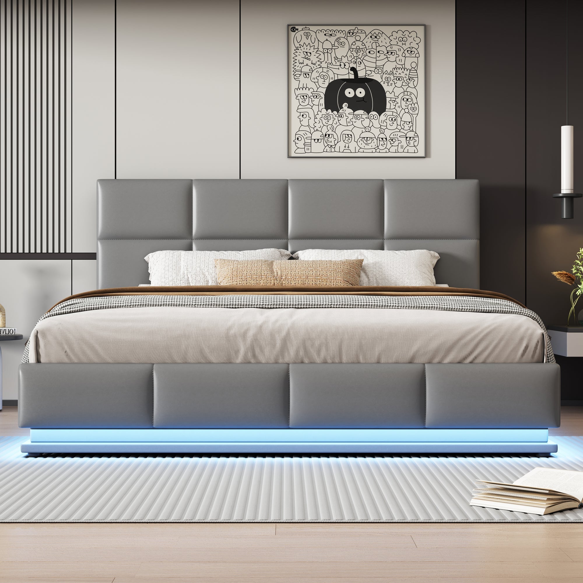 Logidon gestoffeerd bed 180x200 cm LED verlichting hydraulische bedbox cementgrijs