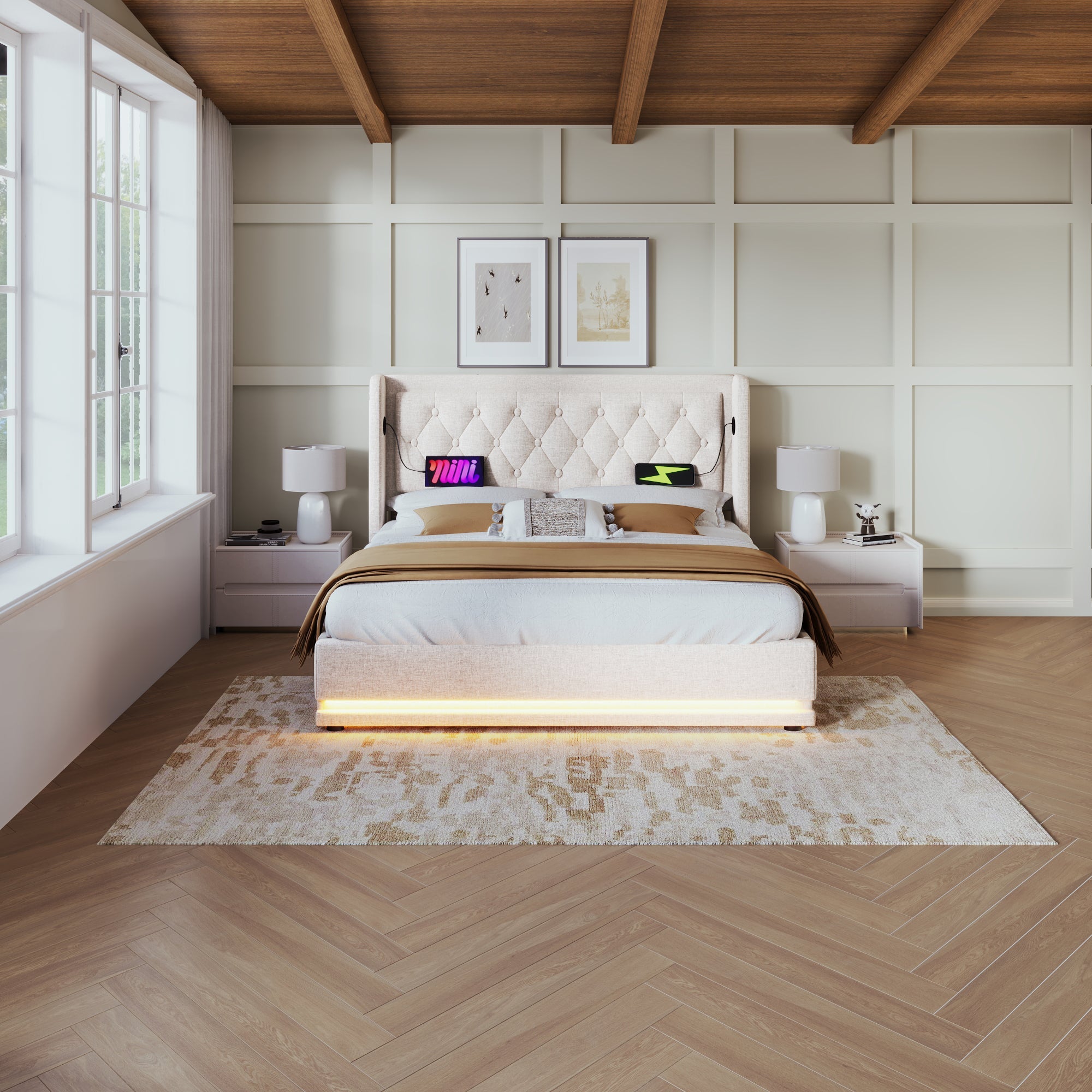 Logidon gestoffeerd bed 160x200 cm beige met USB Type C oplaadfunctie