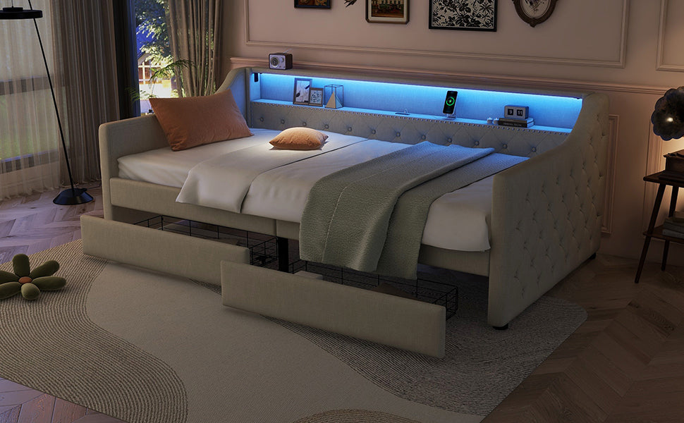 Logidon Daybed 90x200 beige slaapbank met lattenbodem USB-oplaadaansluiting