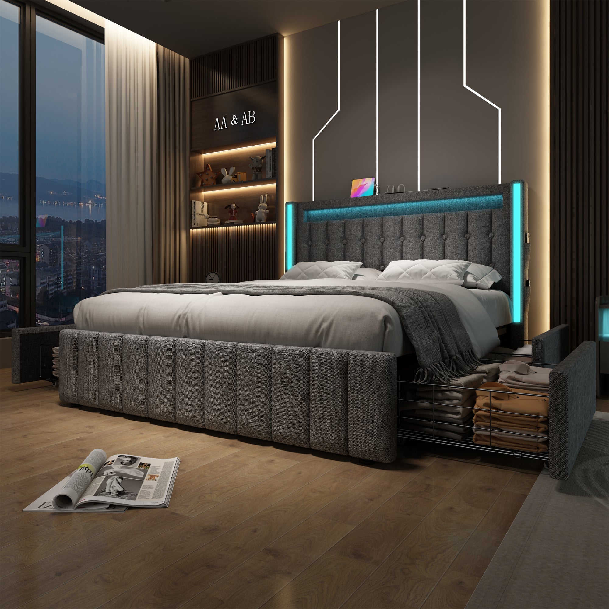 Logidon gestoffeerd bed 140x200 met USB C LED verlichting 4 vakken grijs