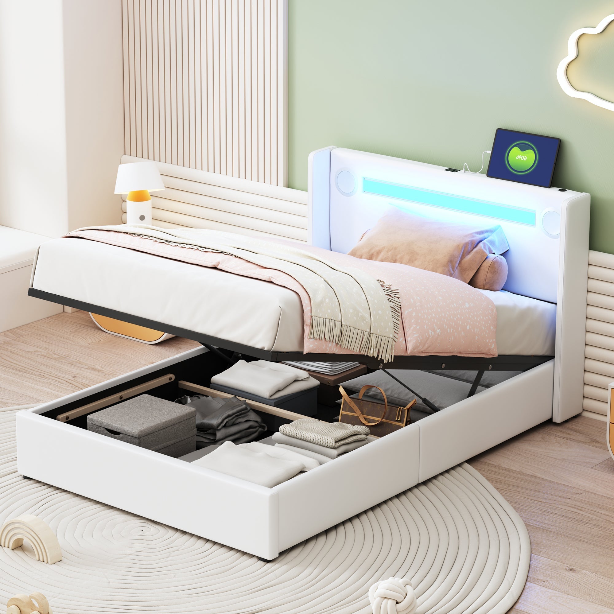 Logidon gestoffeerd bed 90x200 hoogslaper met LED lichtstrip USB wit
