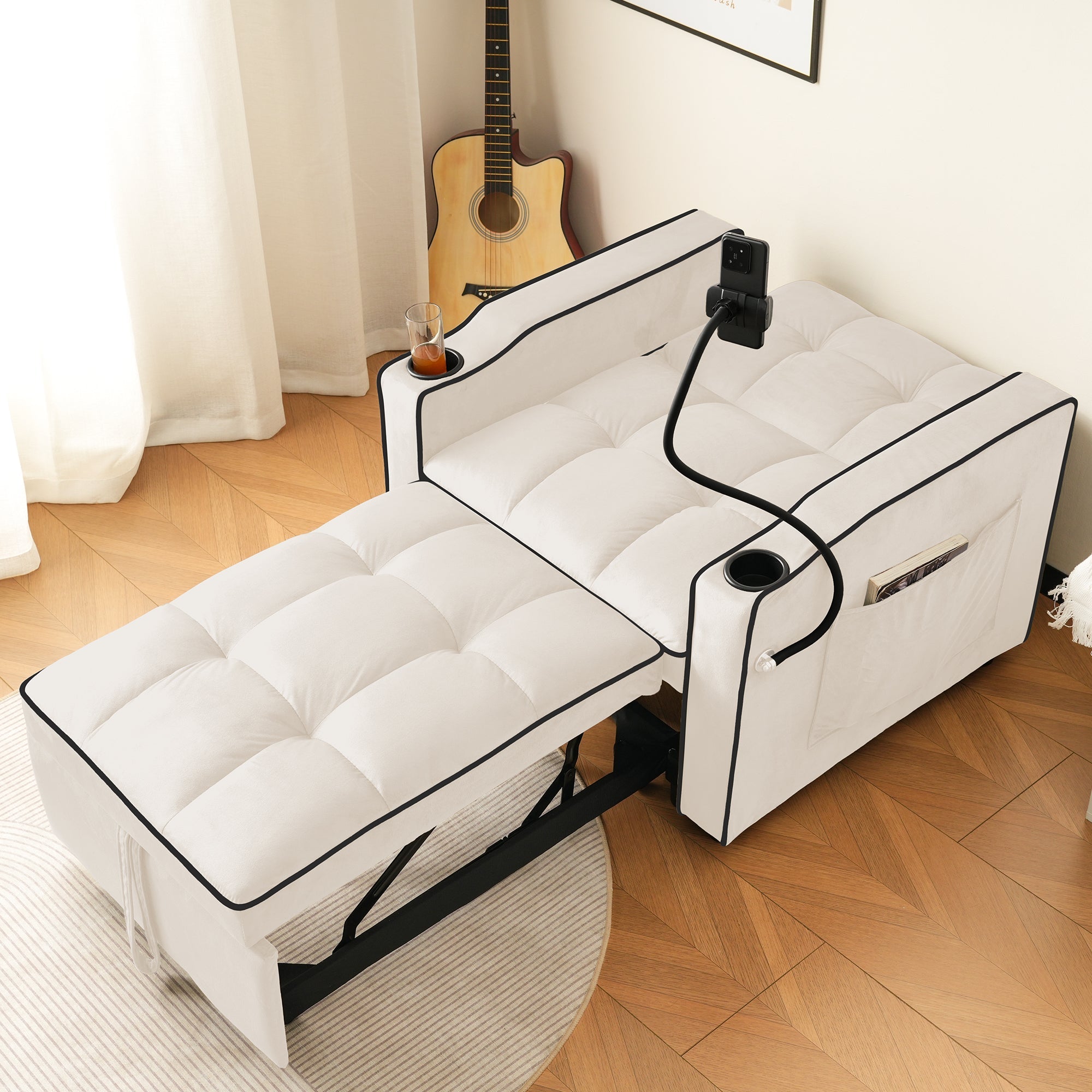Logidon beige 3-in-1 uittrekbare slaapbank met bekerhouders