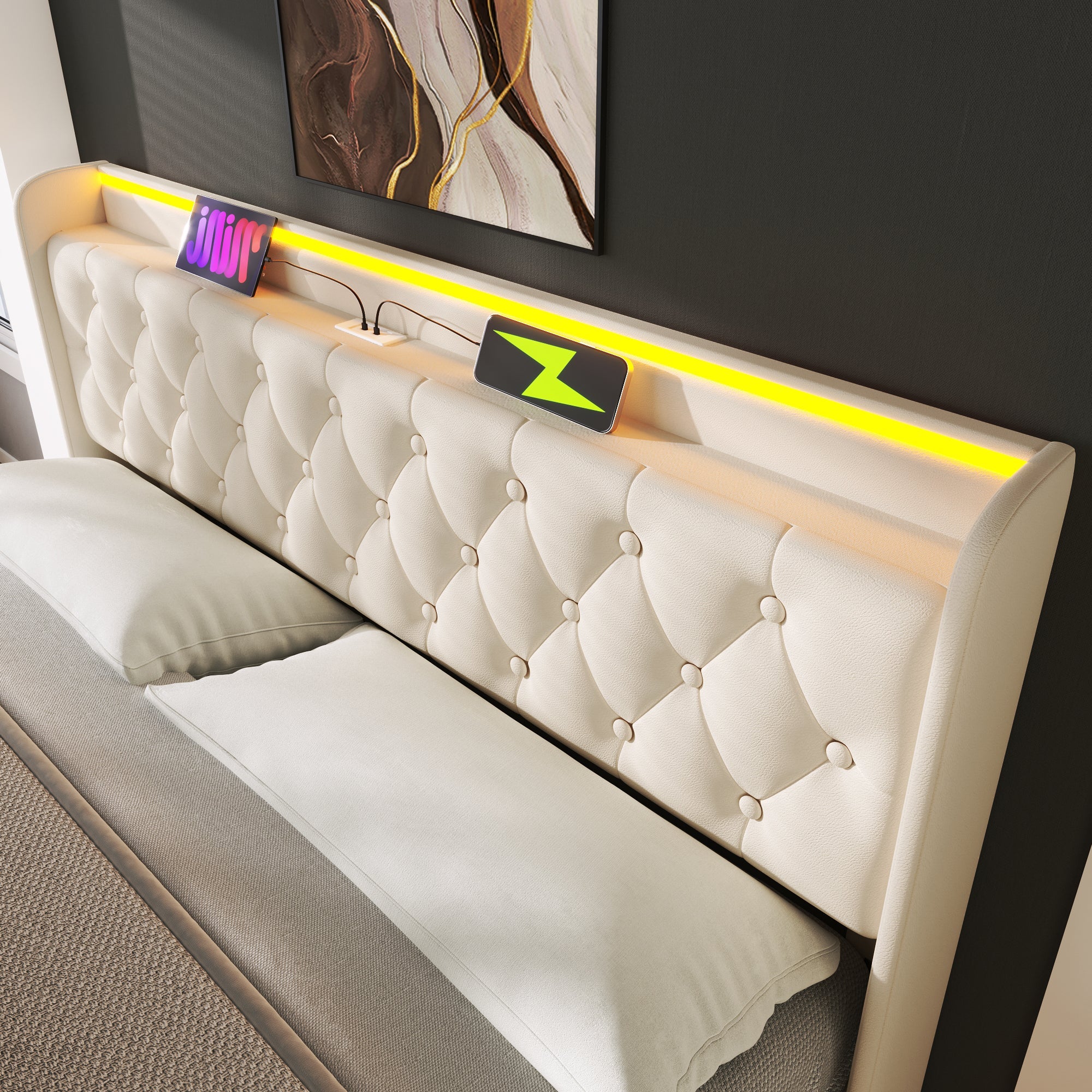 Logidon gestoffeerd bed tweepersoonsbed 140x200 cm wit PU 360 Surround LED
