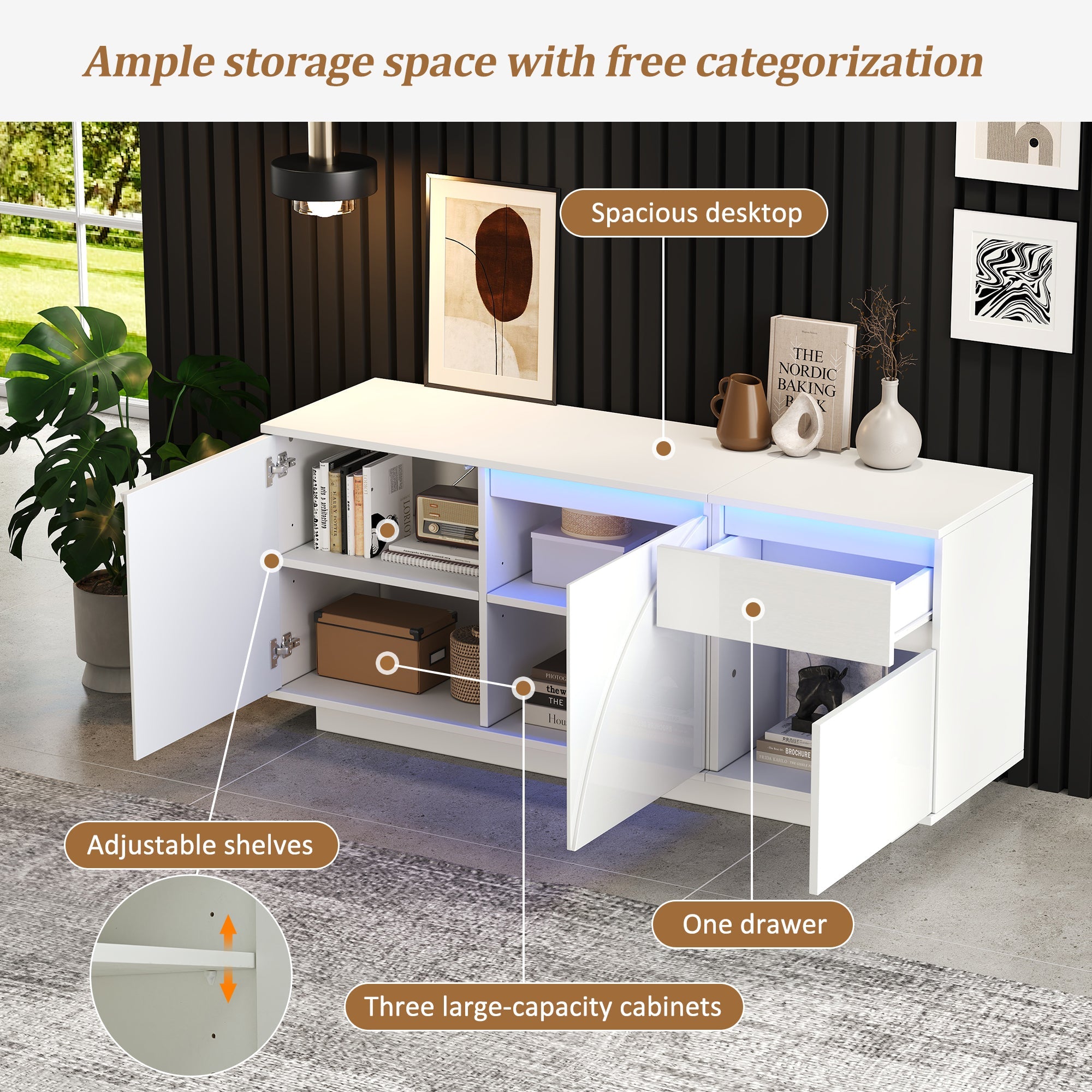 Logidon 140 x 40 x 60 cm hoogglans dressoir wit met LED