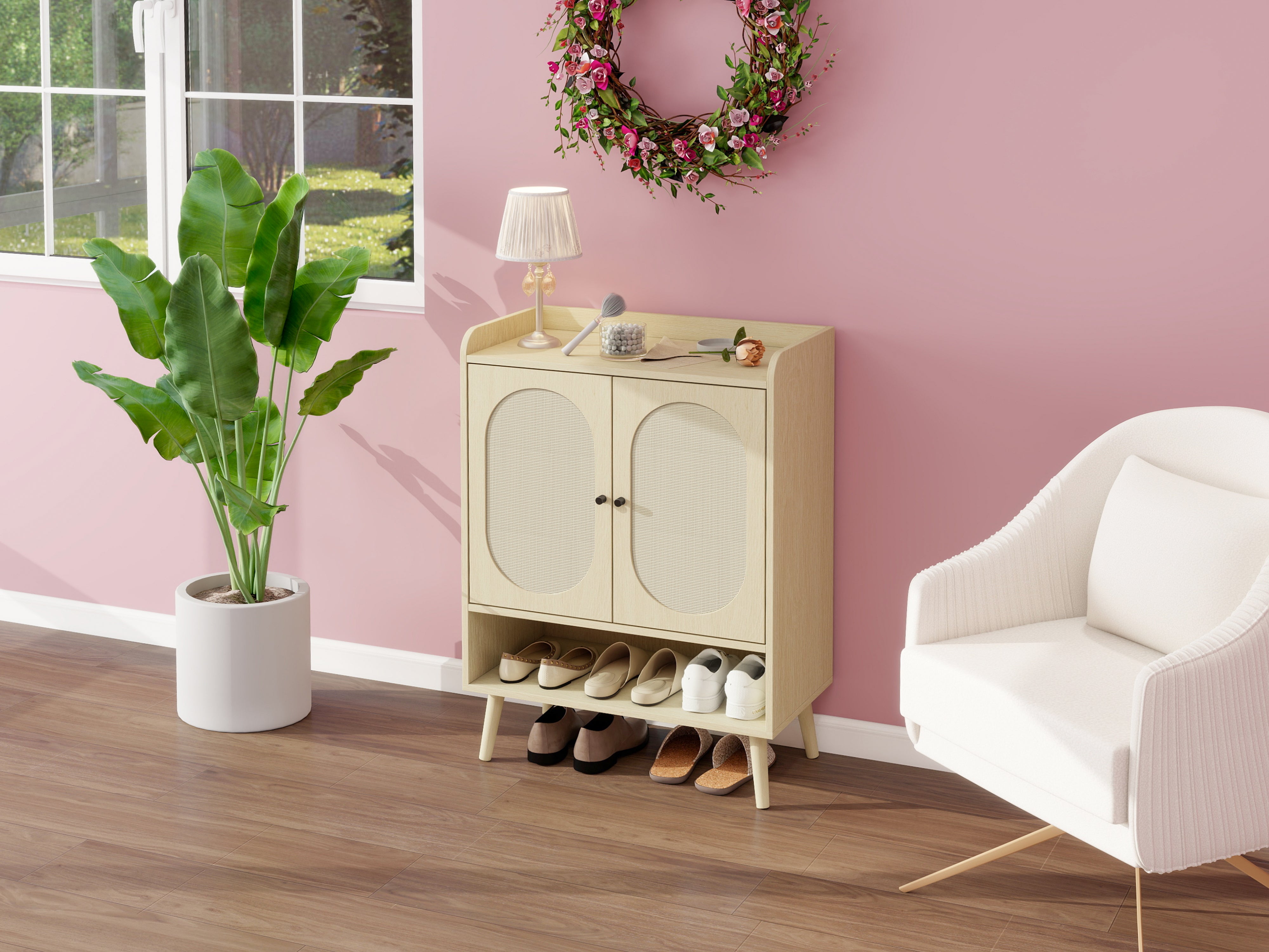 Logidon schoenenkast naturel houtlook met dubbele deuren Rotan design