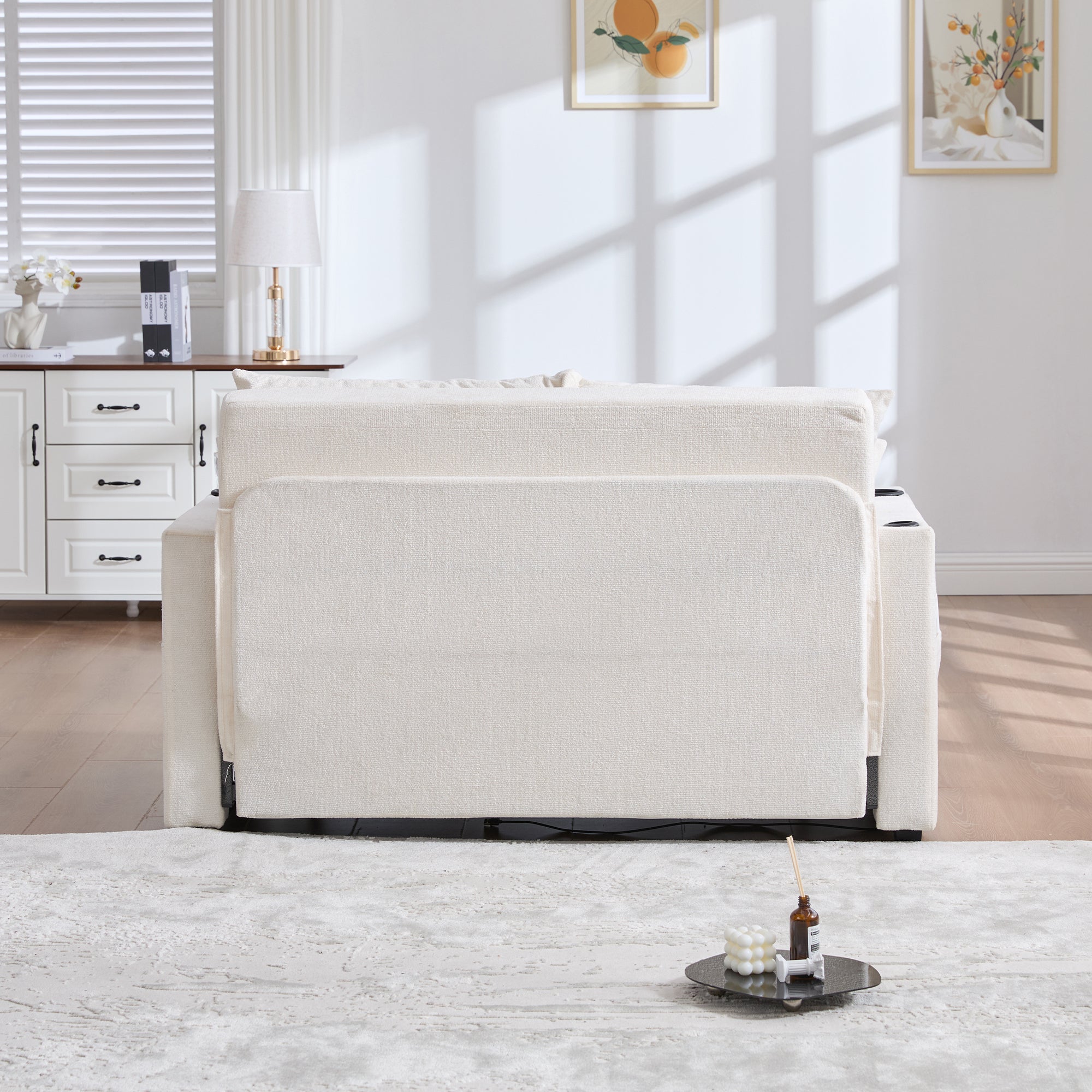 Logidon Beige Fluweel Multifunctionele Stoffen Bank Uitschuifbaar USB