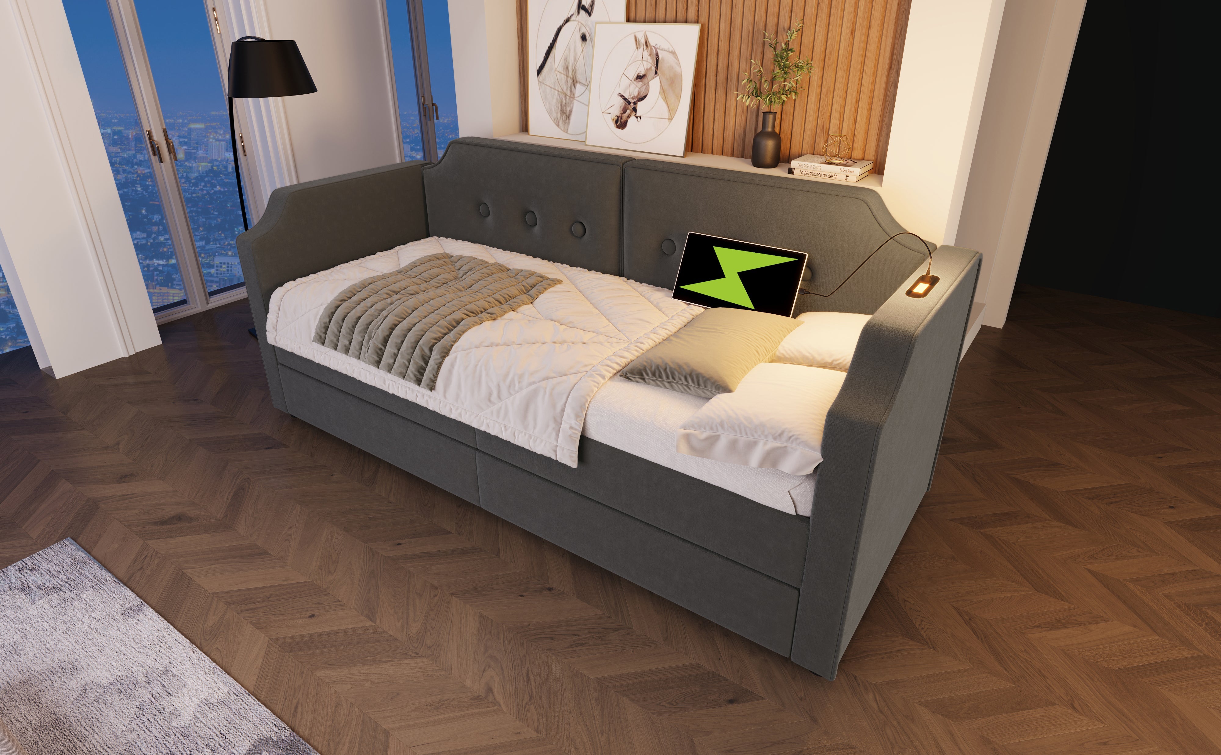 Logidon gestoffeerde slaapbank 90x200 cm fluweelgrijs USB-leeslamp