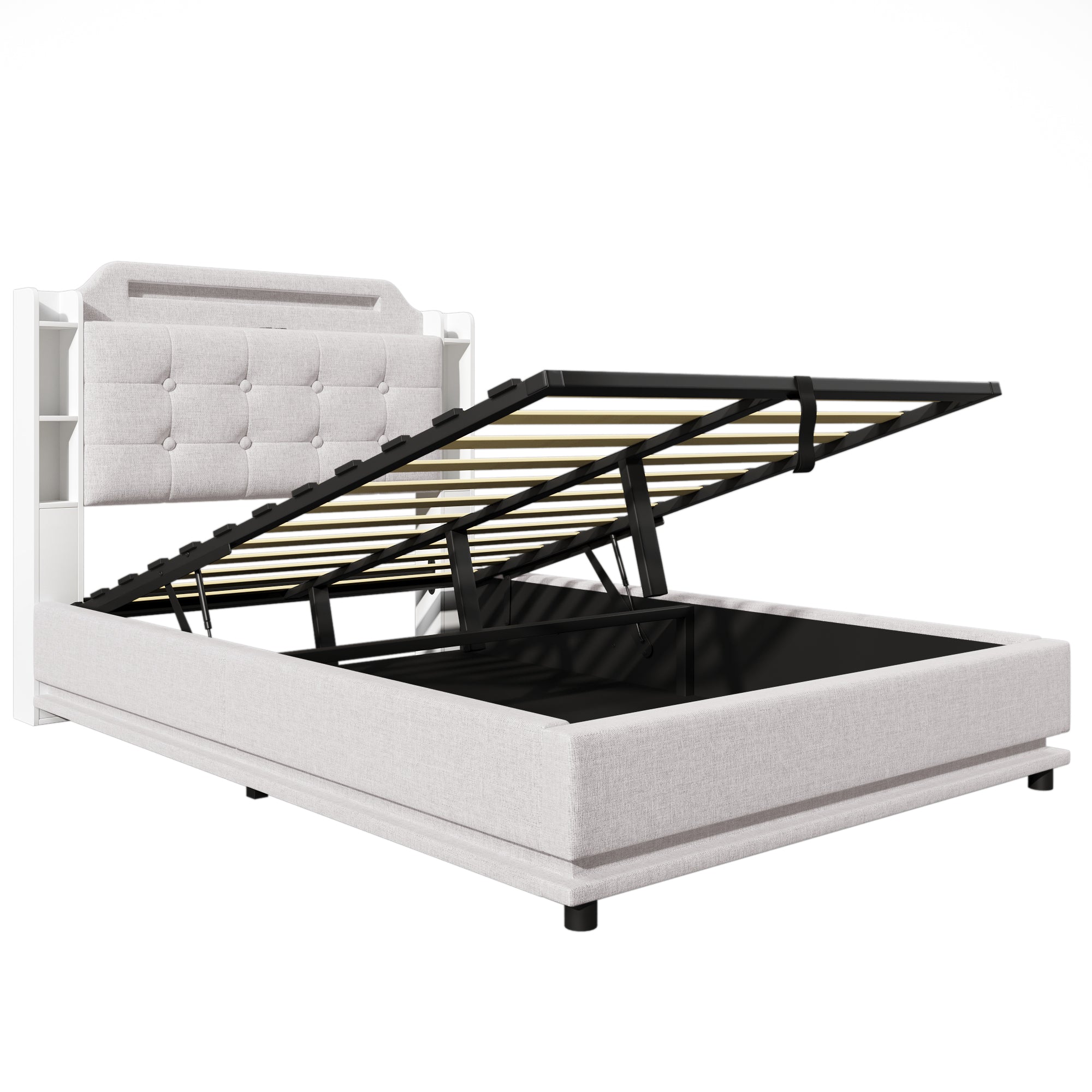 Logidon gestoffeerd bed 140x200 beige met LED lichtstrip en opbergruimte