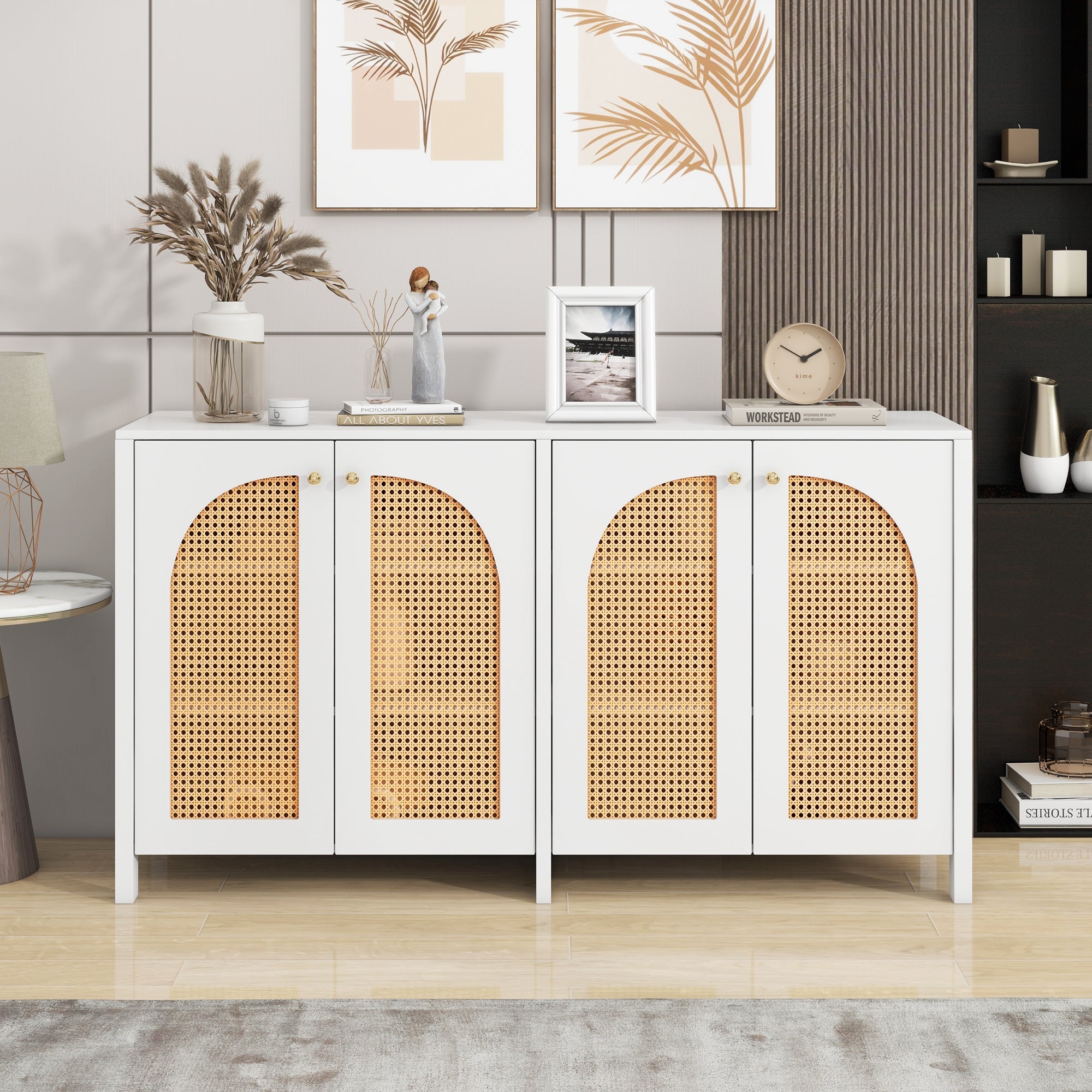 Logidon Modern dressoir 4 rotan deuren wit 145x40x80 cm