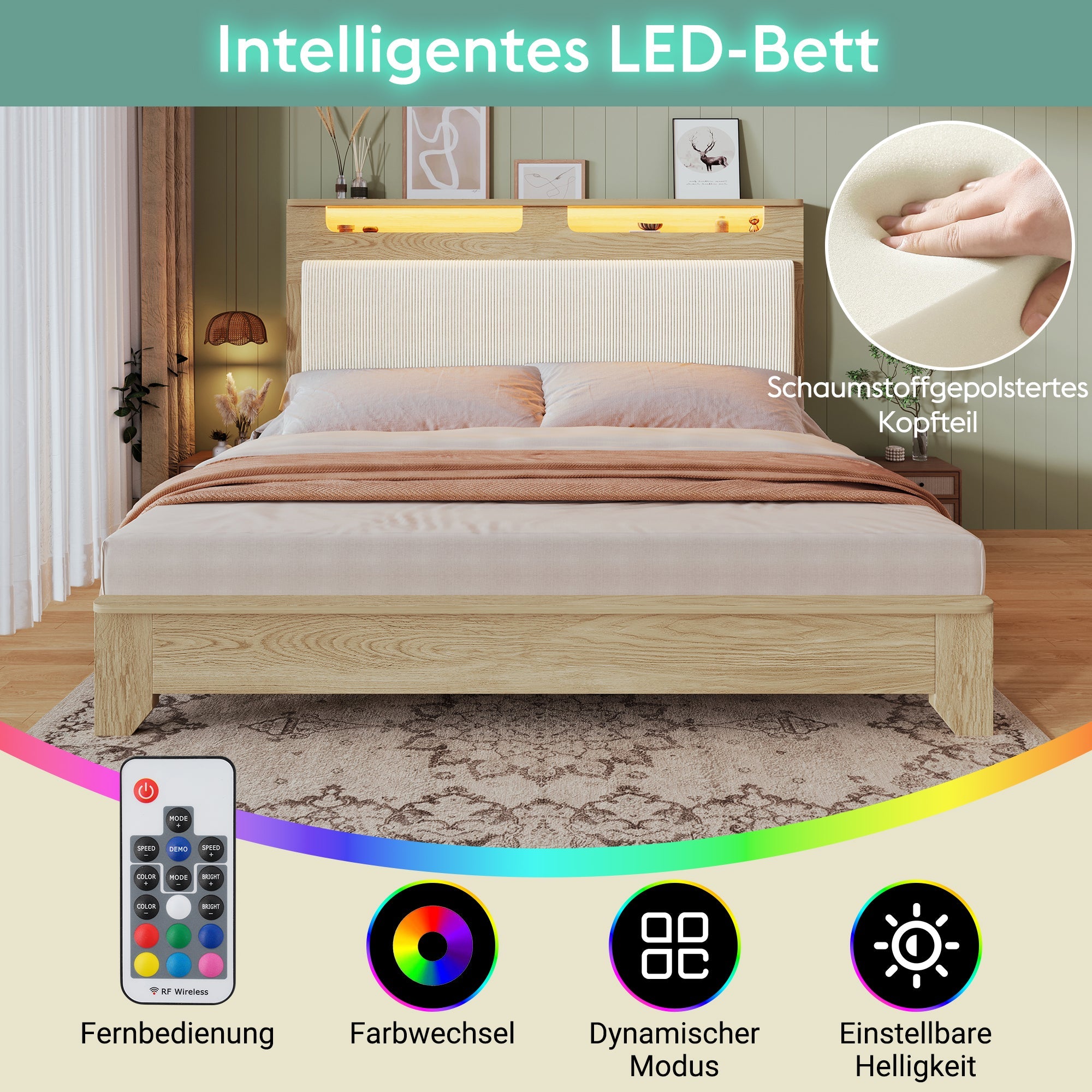 Logidon double bed 140x200 cm beige LED lighting headboard storage space
