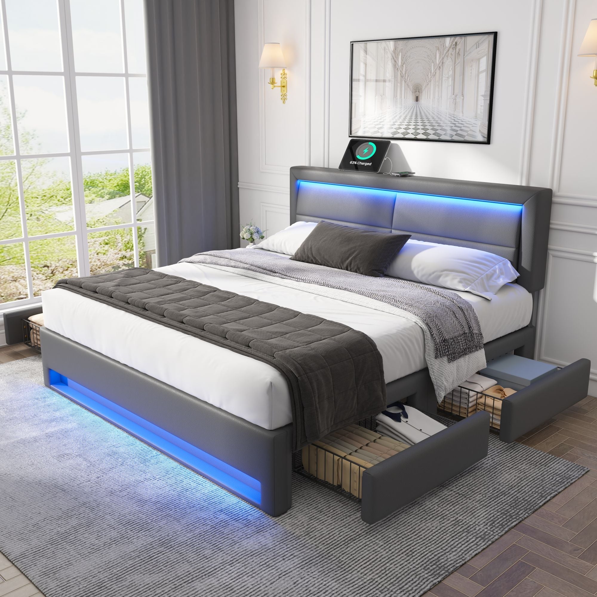 Logidon gestoffeerd bed 140x200 grijs met USB oplaadpoort LED verlichting 4 lades
