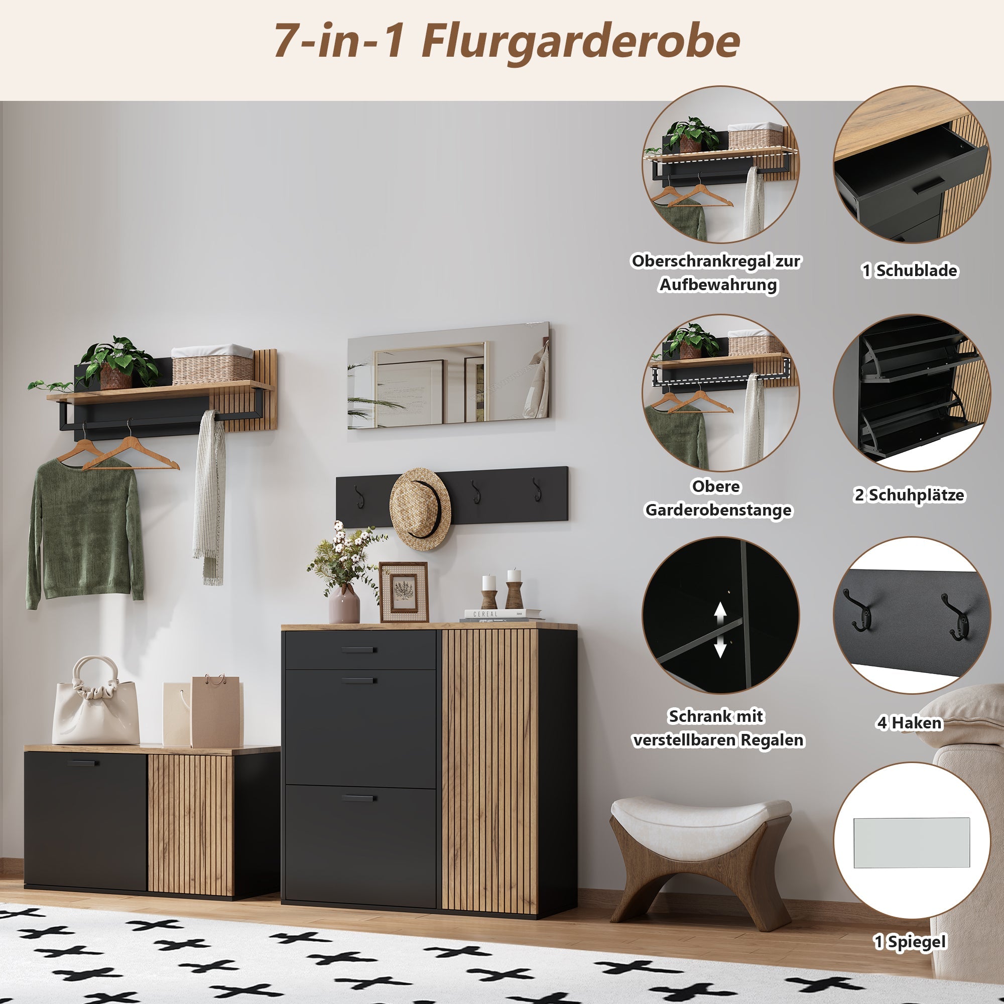 Logidon Garderobeset Vijfdelig halmeubilair met spiegelschoenenkasten