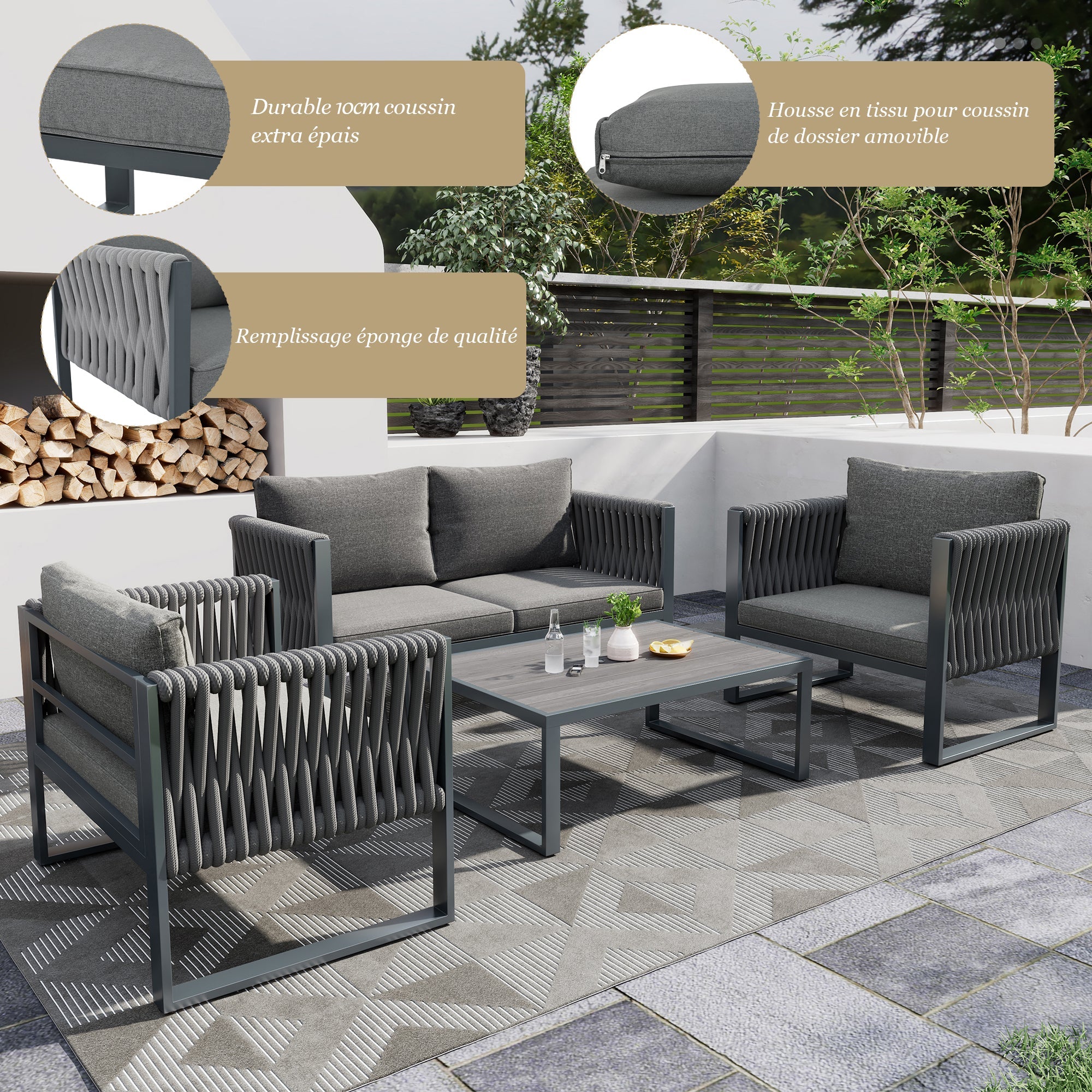 Logidon Tuinloungeset Grijs Touw met Gegalvaniseerd Ijzeren Frame Set van 4