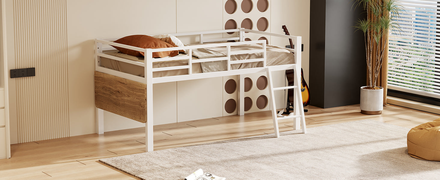 Logidon flat bed 90 x 200 cm metal bed white with railing ladder LED