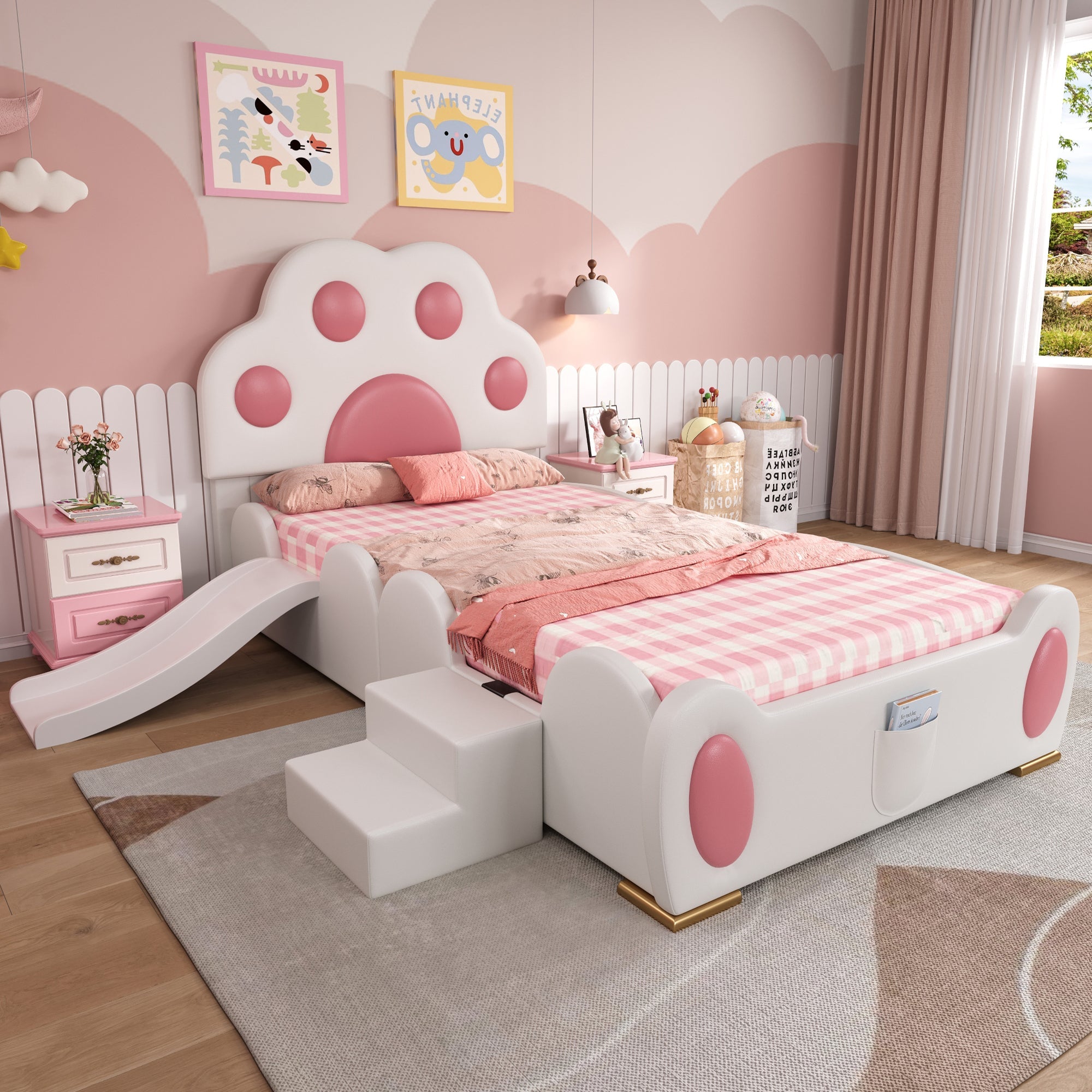 Logidon gestoffeerd bed 90x200 cm wit roze met kattenpoot hoofdeinde