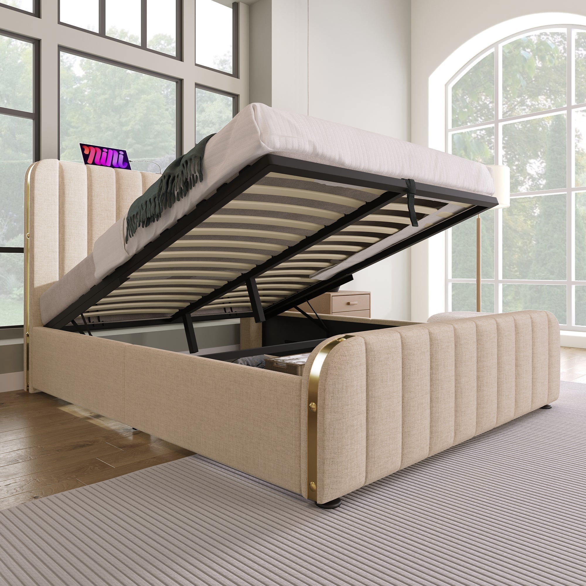 Logidon upholstered bed 140x200 golden decorative stripes headboard beige