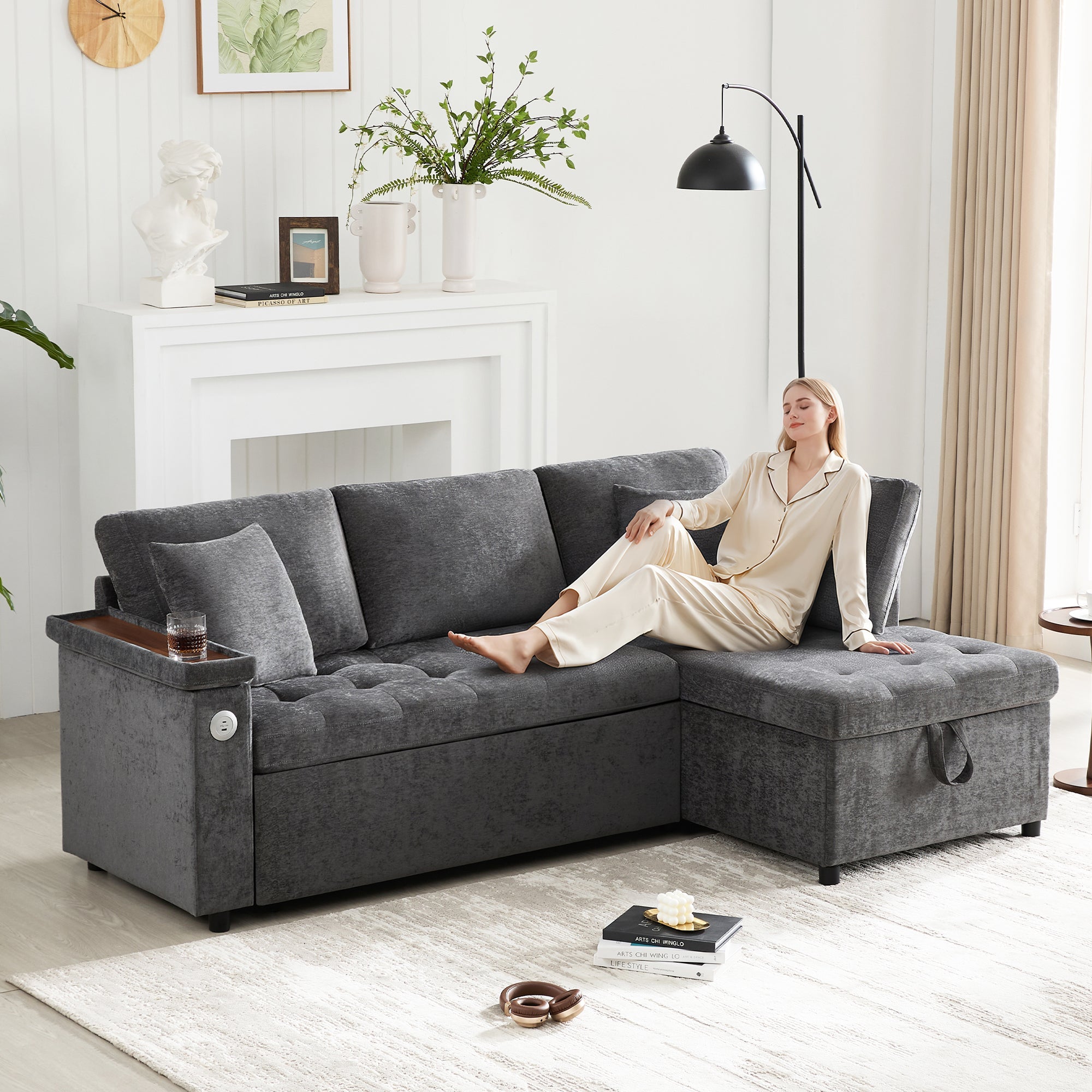 Logidon L-vorm slaapbank grijs fluweel chenille 209x130 cm opbergruimte