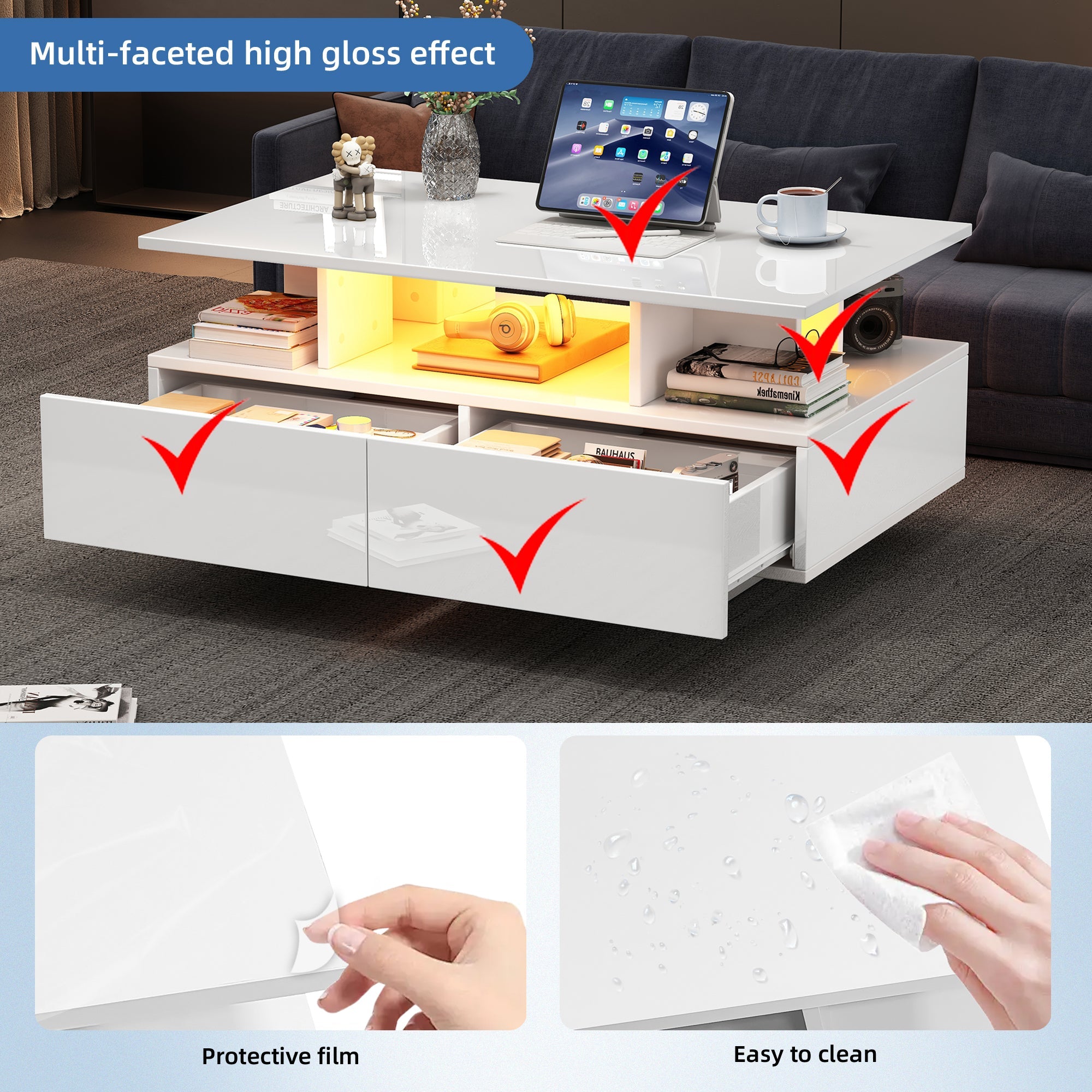Logidon hoogglans salontafel LED, 2 lades, 90x55x41 cm wit
