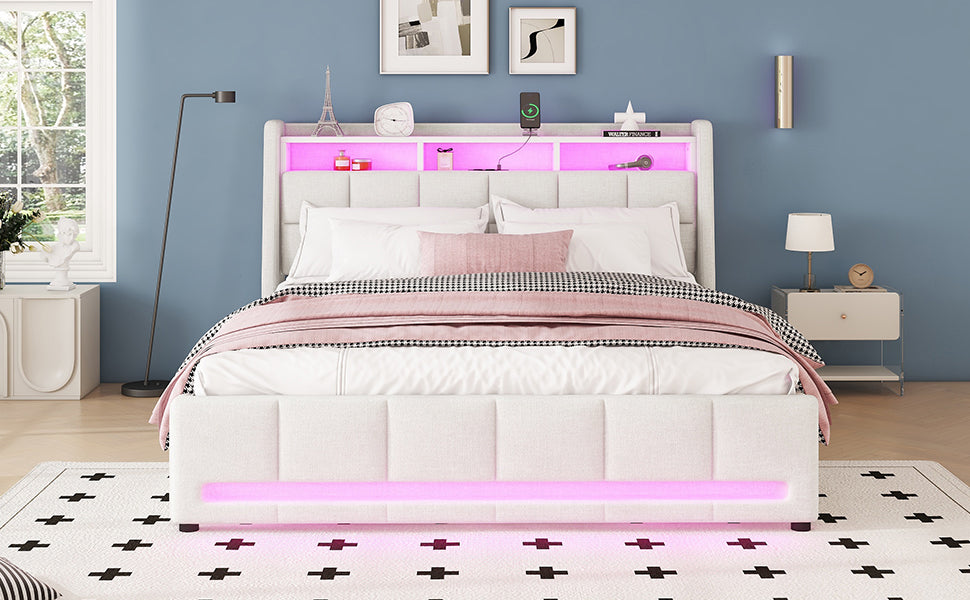 Logidon gestoffeerd bed 160x200 cm beige linnen met LED app bediening