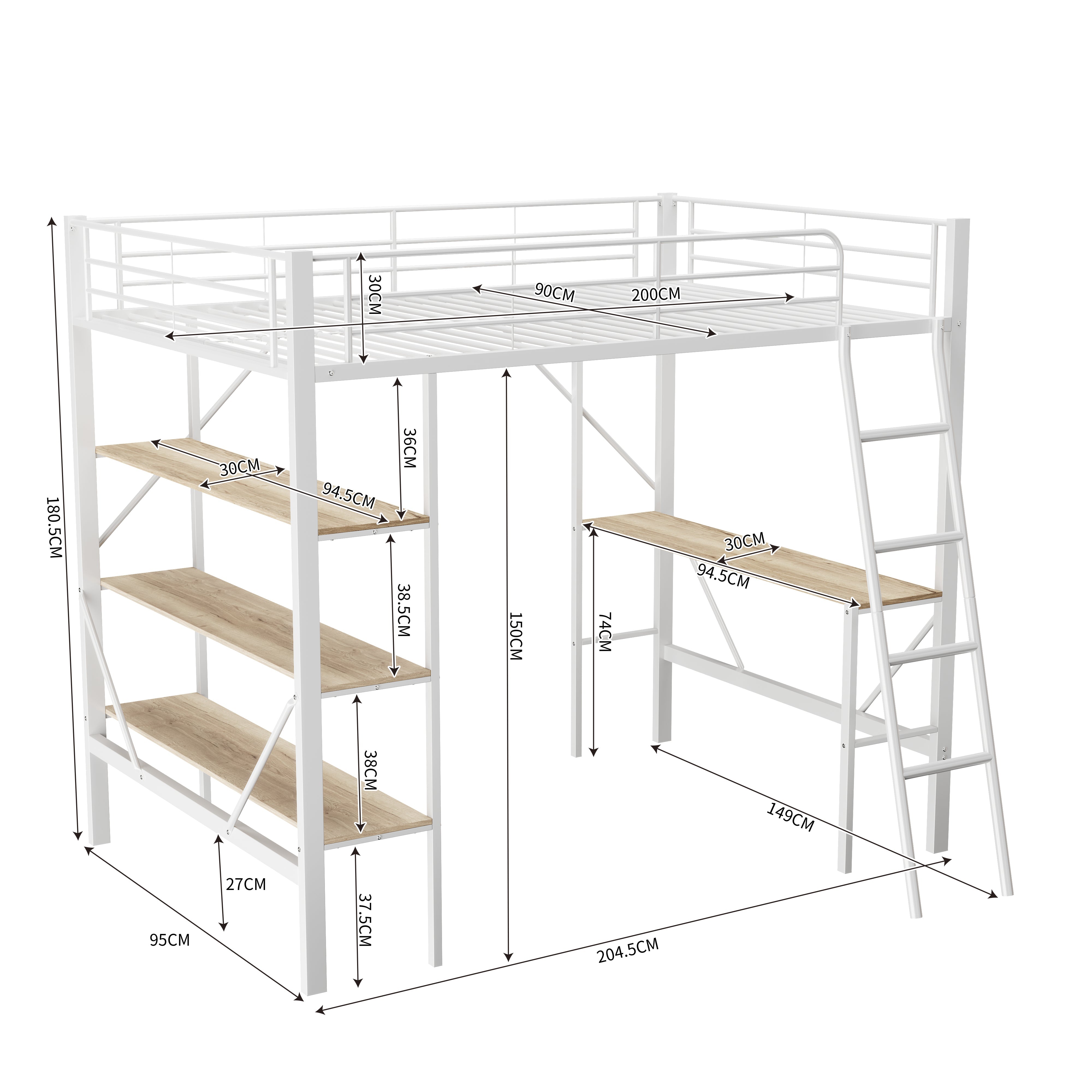 Logidon 90x200 cm metalen hoogslaper met bureauplanken wit