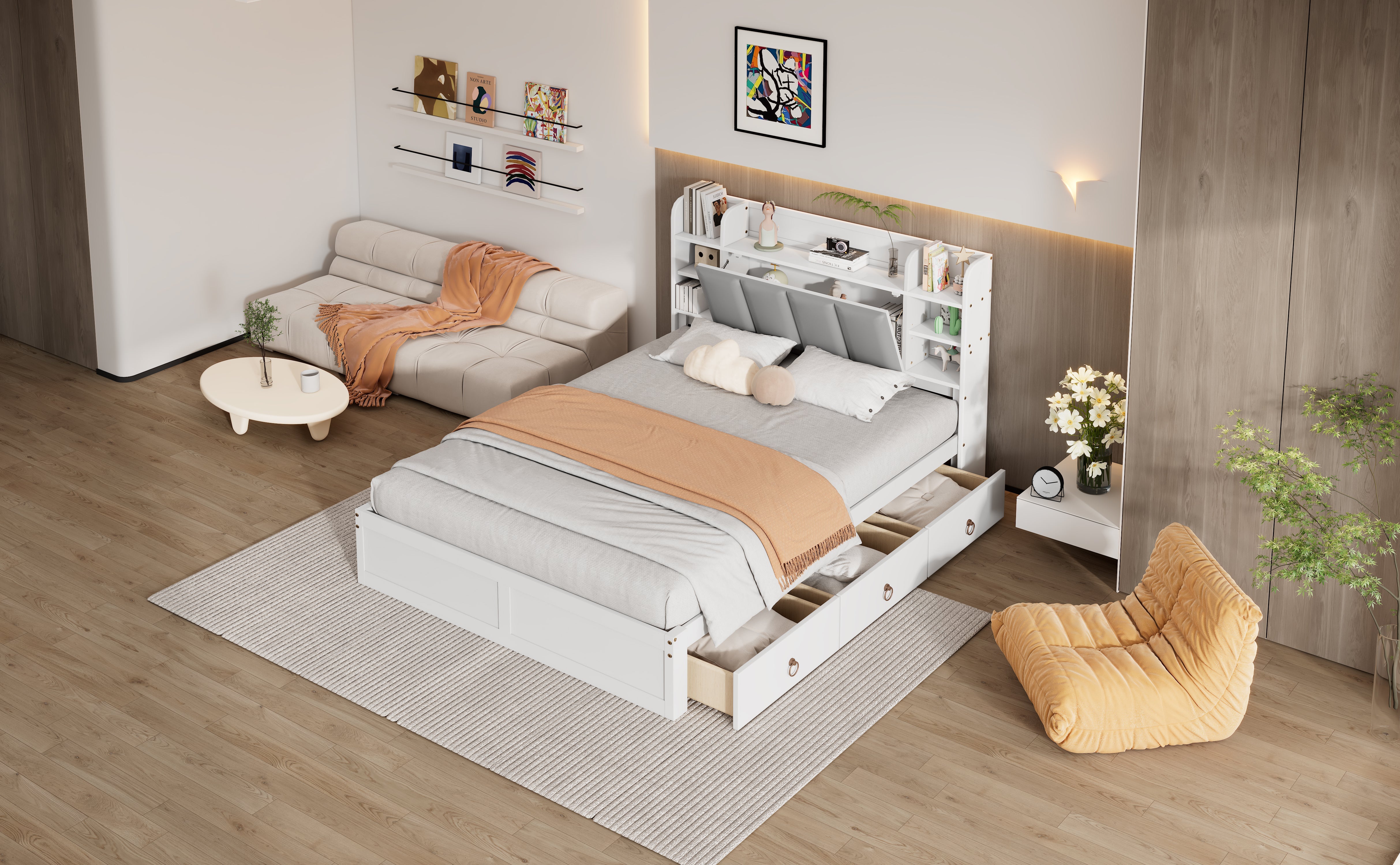 Logidon tweepersoonsbed witgrijs 140x200 cm plank drie lades op wielen
