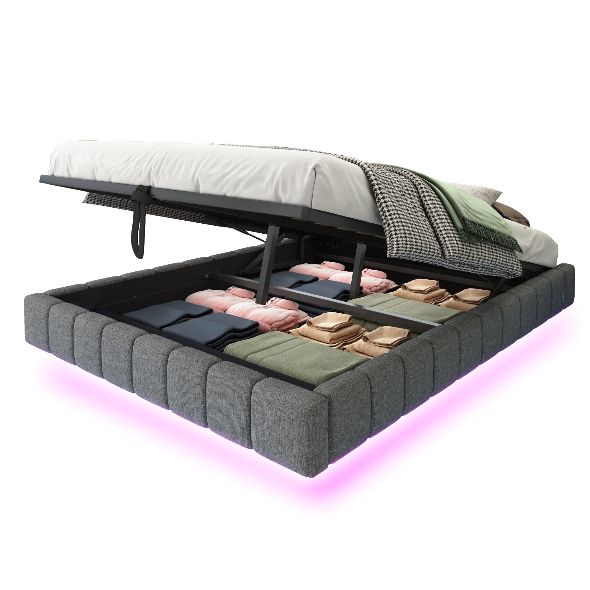 Logidon gestoffeerd bed 140x200 cm met opbergruimte LED licht linnengrijs