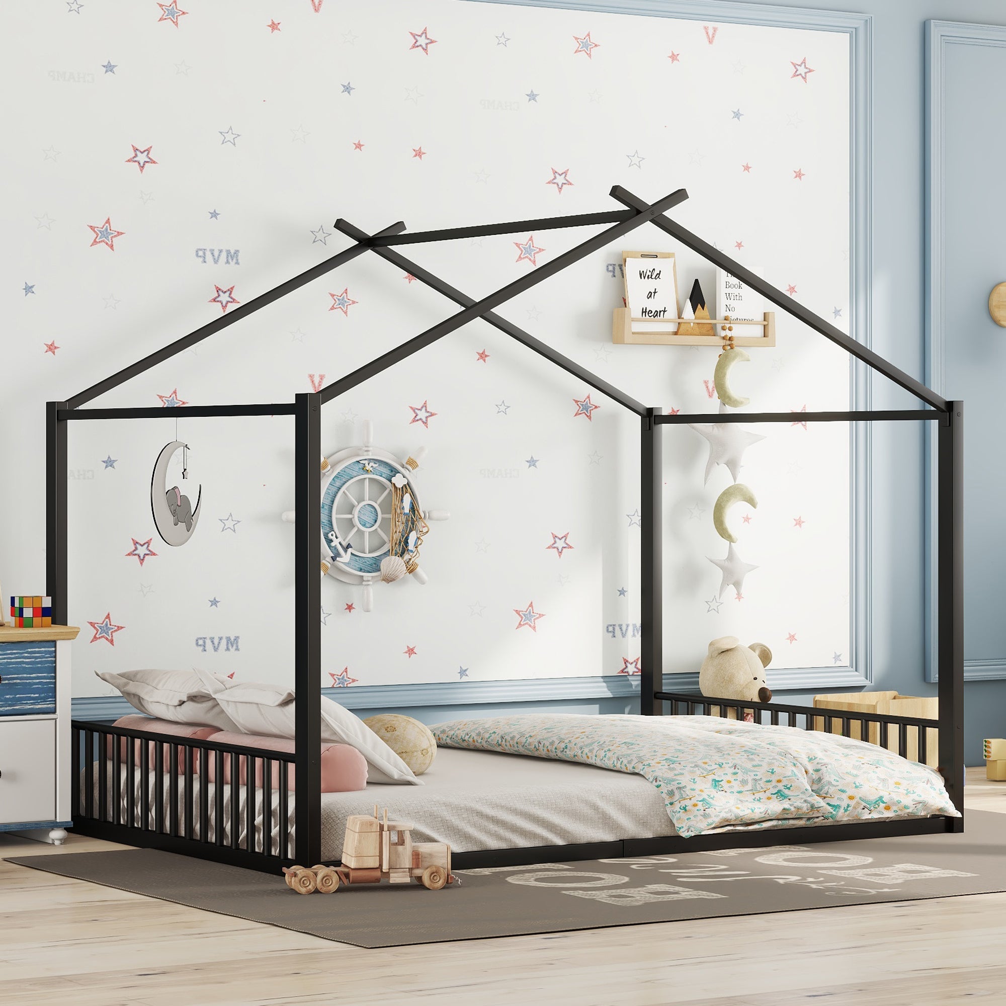 Logidon 140x200cm plat bed huisbed met ijzeren frame zwart