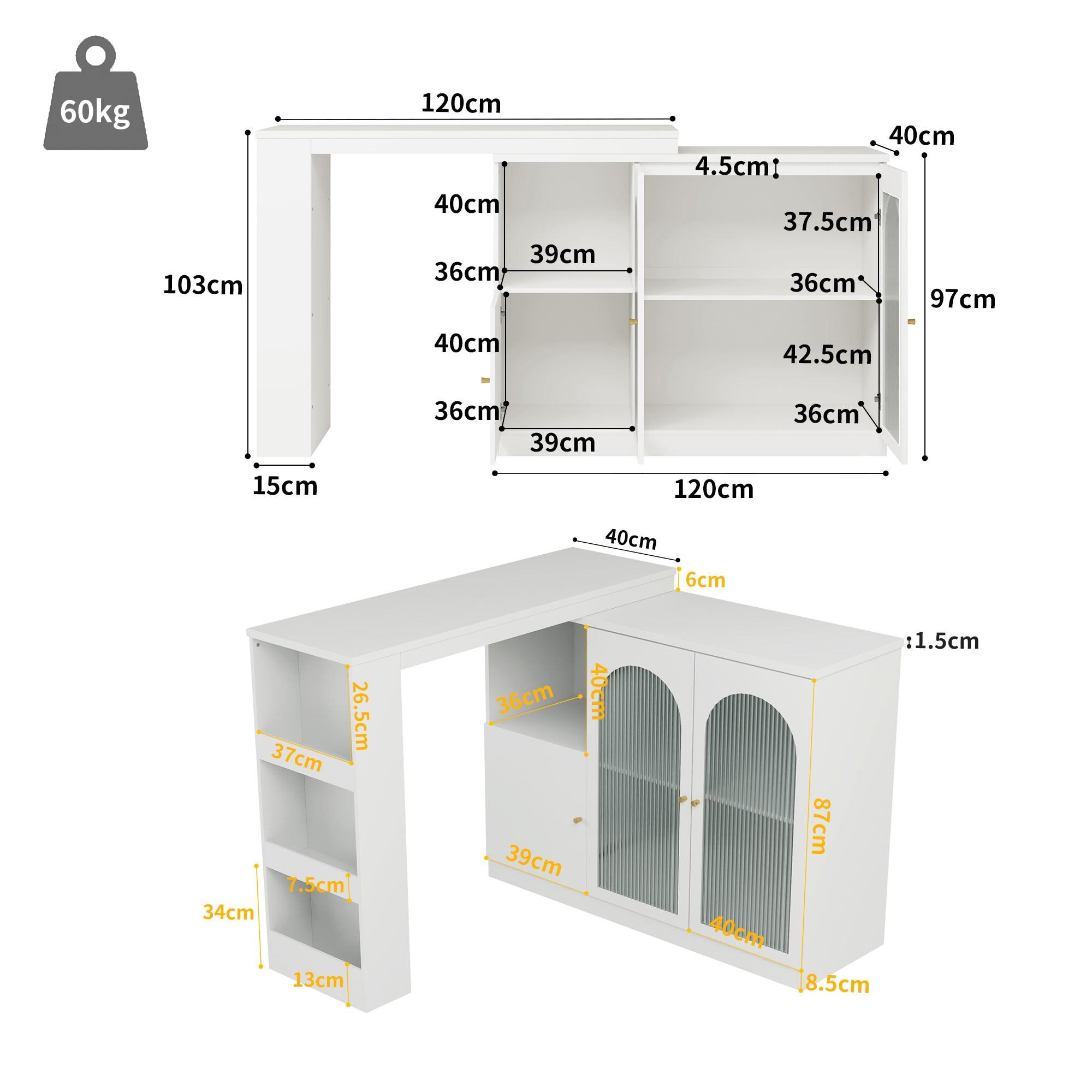 Logidon 360 graden draaibare bartafel 120x40x97 cm wit